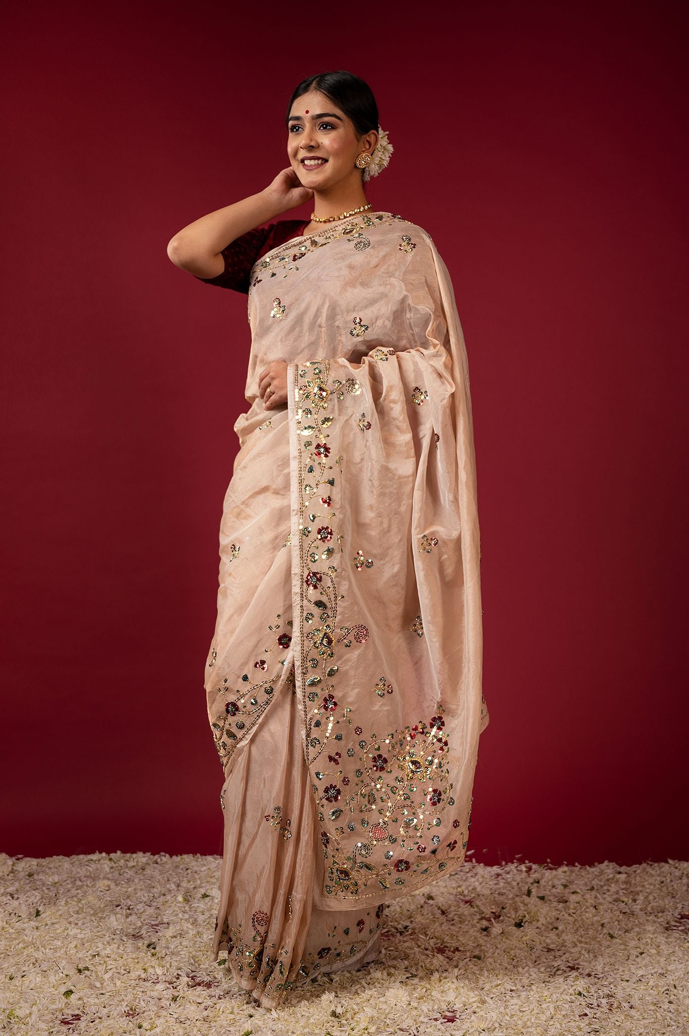 Cream Pure Tissue aari sequins handwork saree