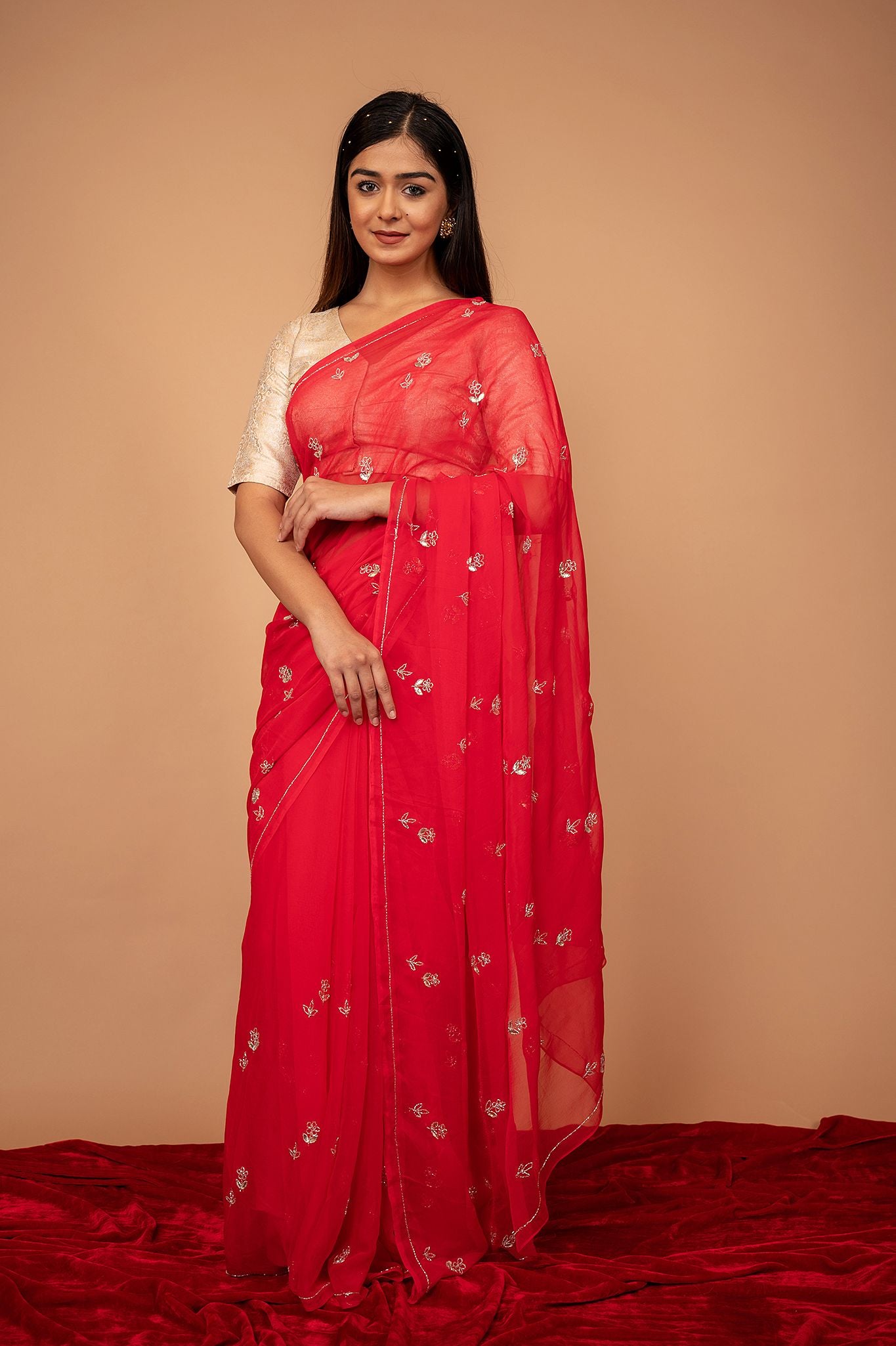Red Viscose Chiffon Gottapati butti handwork daily wear saree