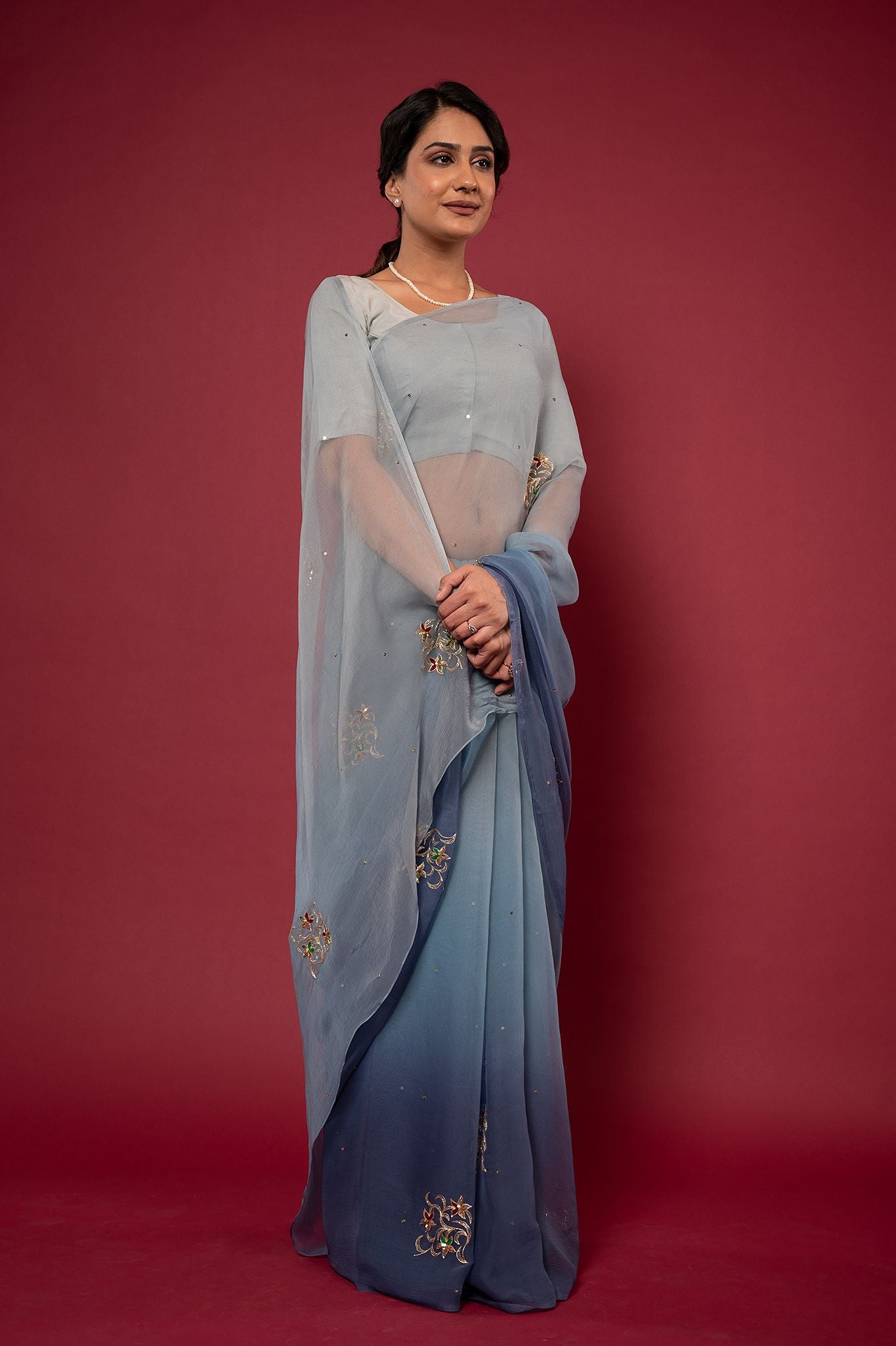 Grey light dark viscose chiffon aari sequins motif handwork casual wear saree