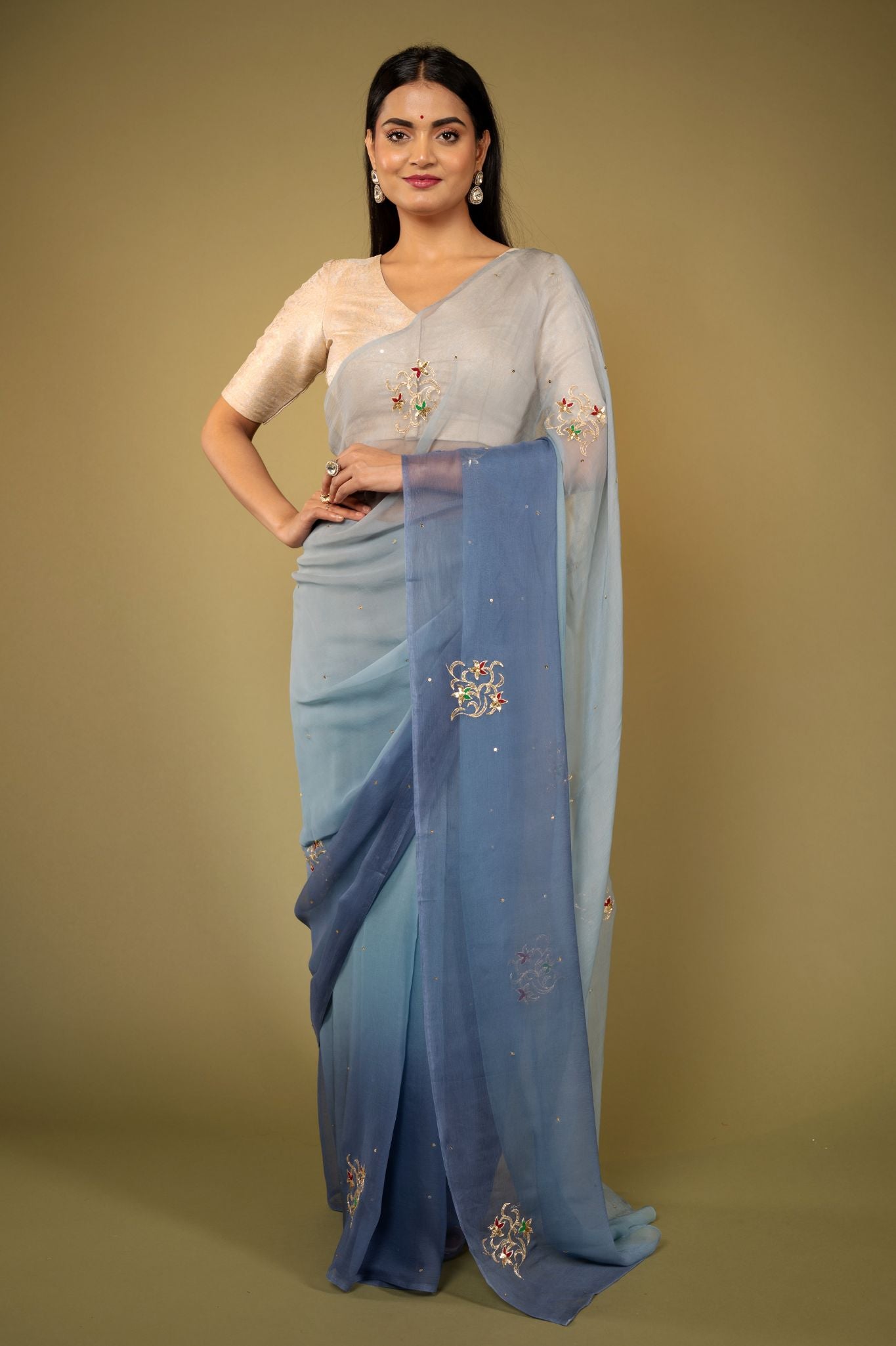 Grey light dark viscose chiffon aari sequins handwork casual wear saree