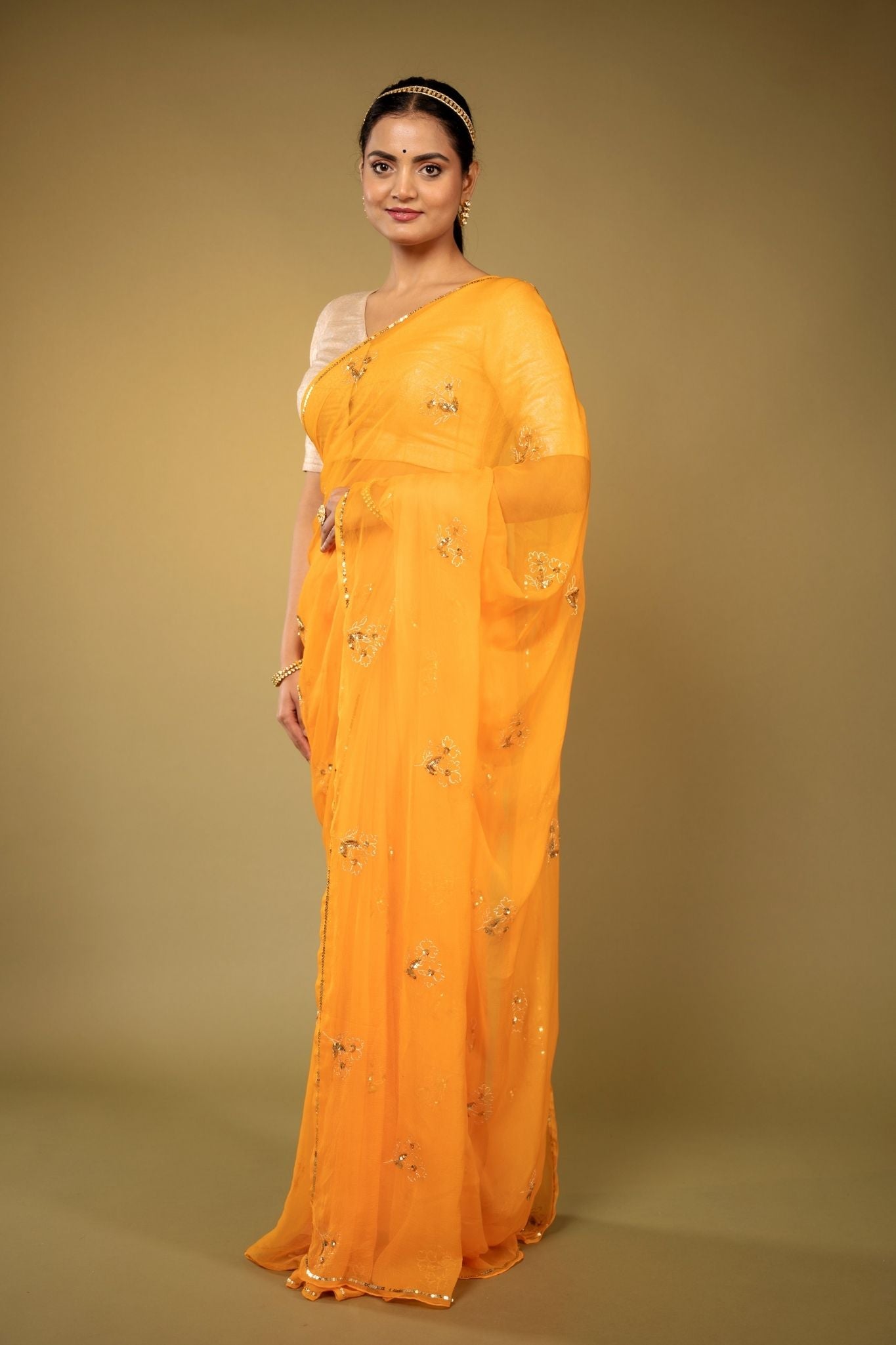pastel orange viscose chiffon aari sequins handwork saree