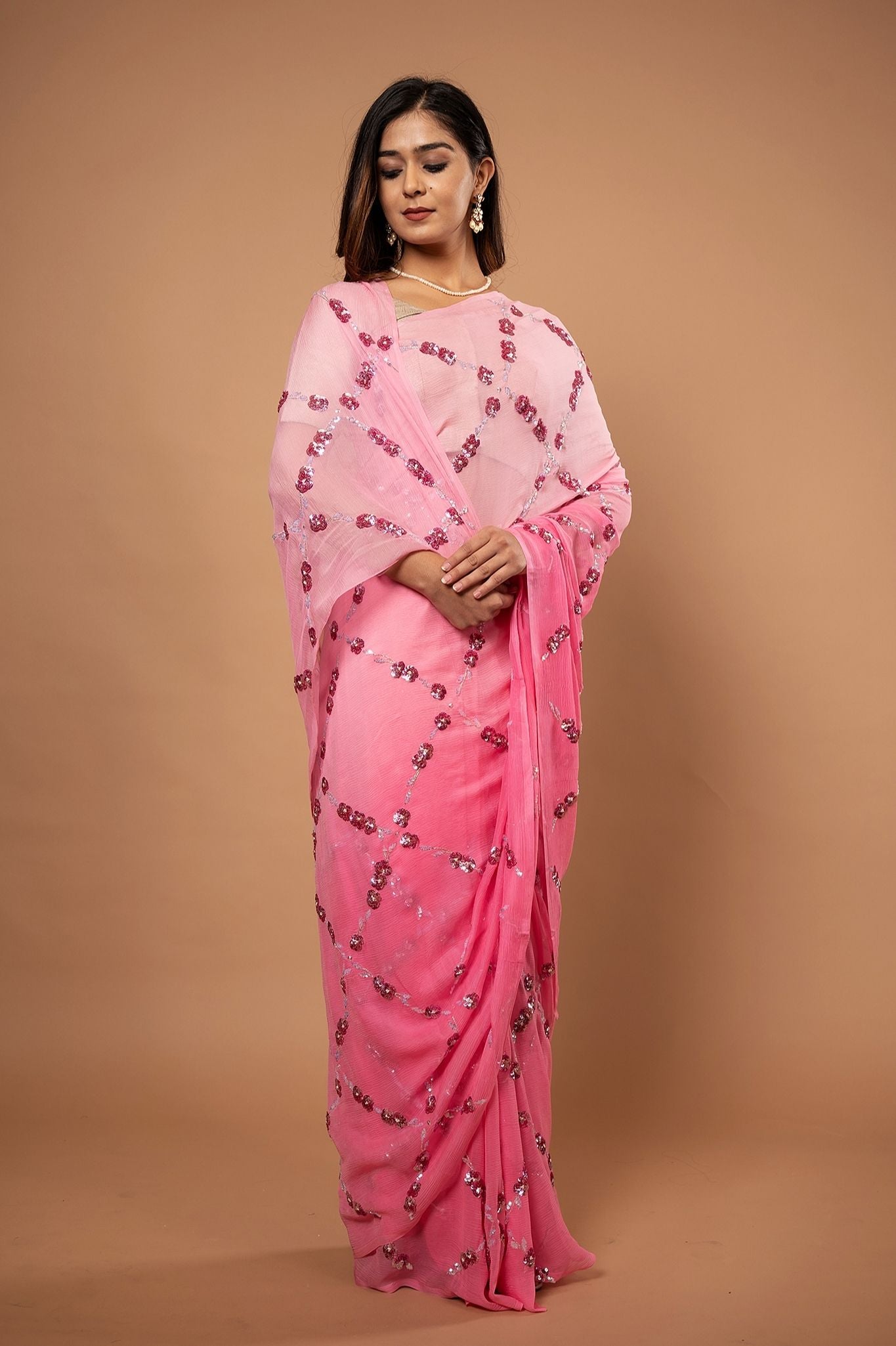 Pink light dark pure chiffon sequins jaal handwork saree