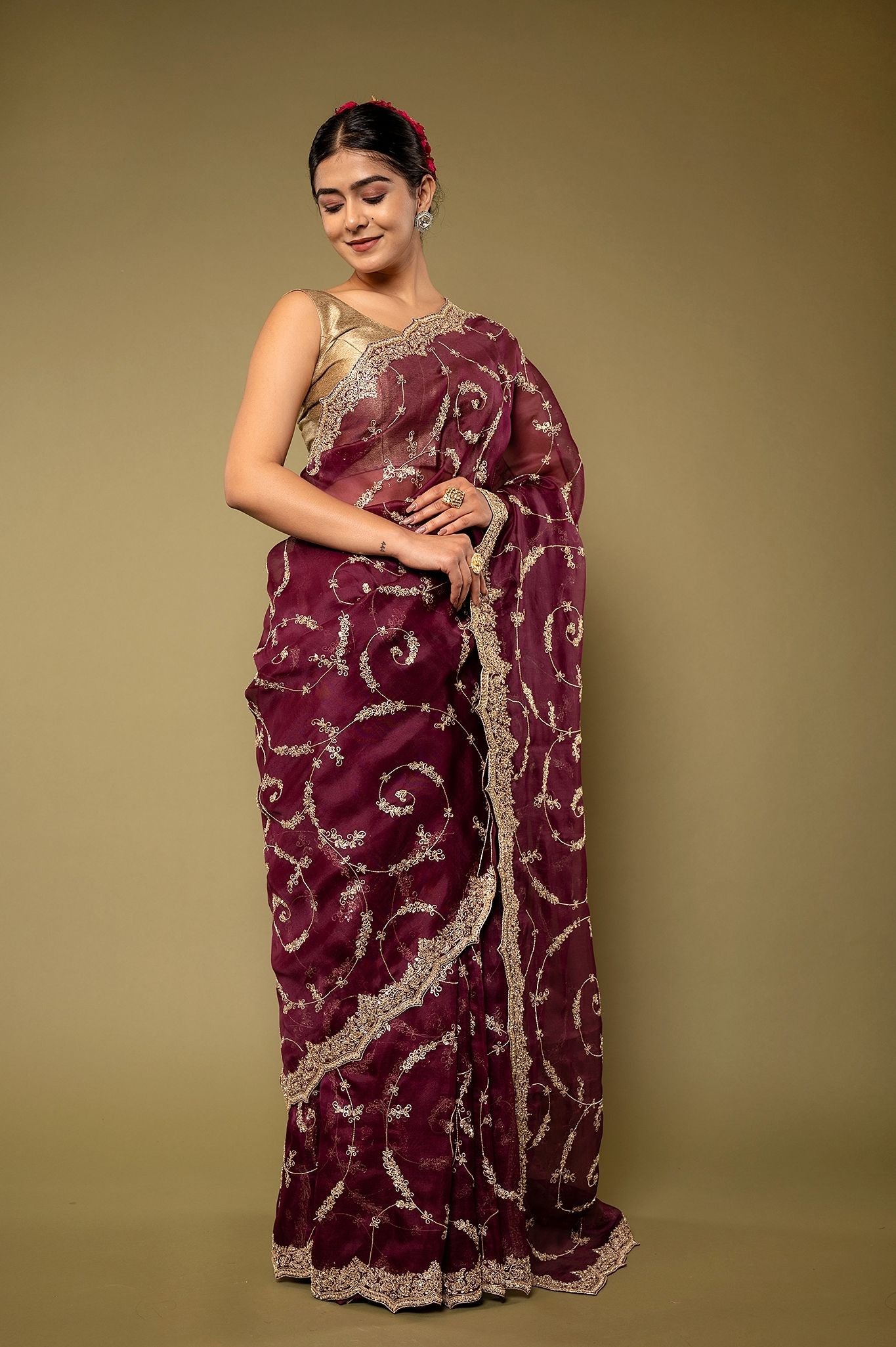 Wine pure organza Dapka Marodi Zardozi Border Jaal handwork saree