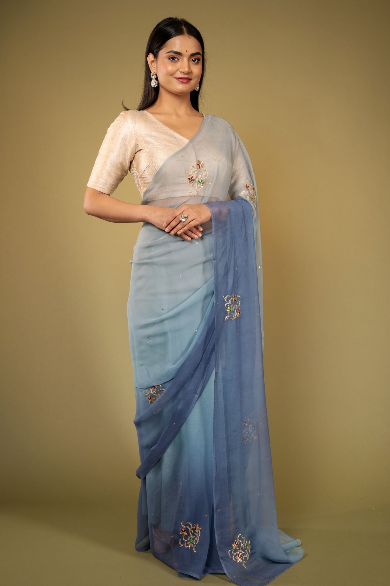 Grey light dark viscose chiffon aari sequins handwork casual wear saree