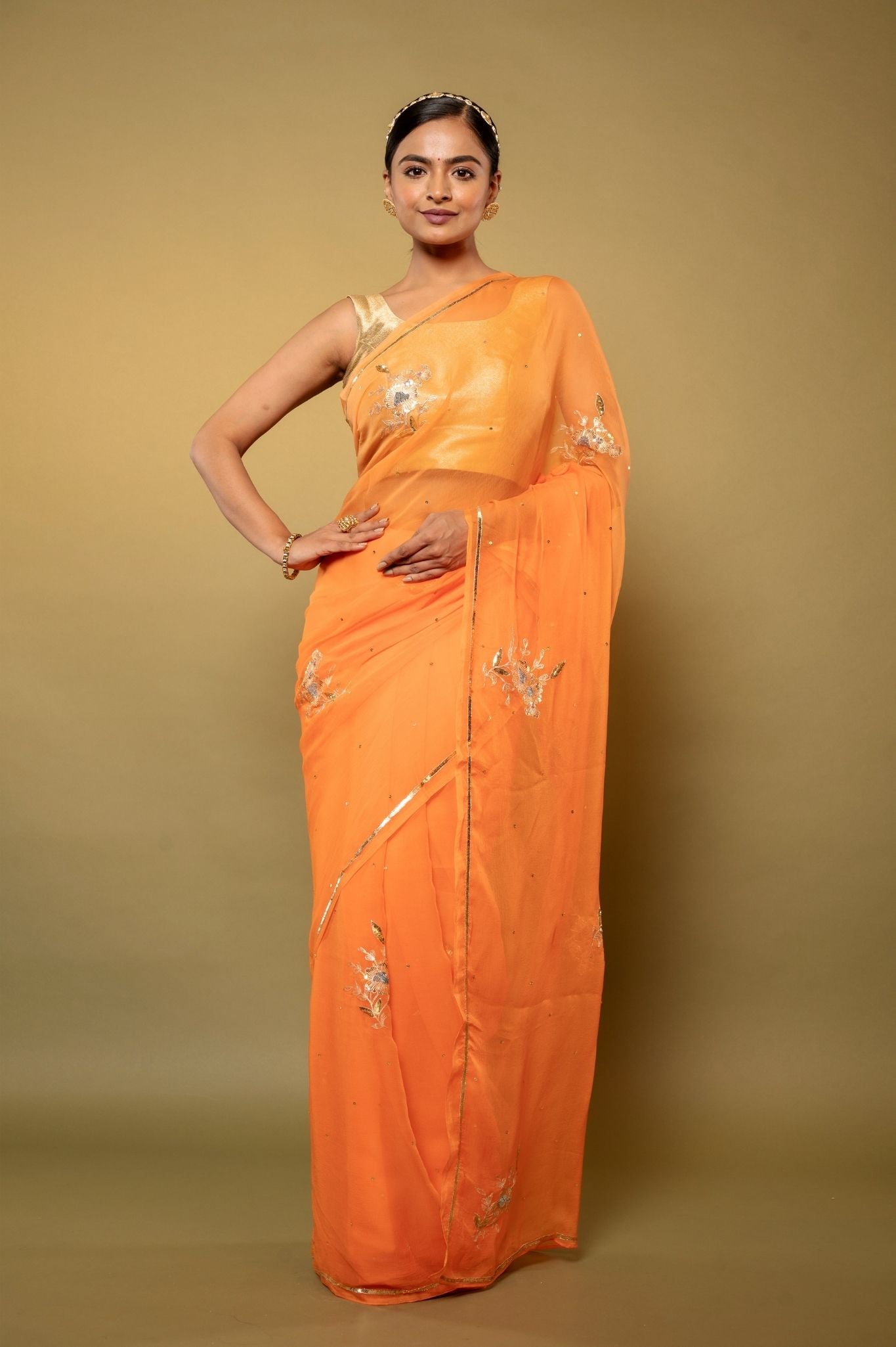 Peach viscose chiffon aari sequins motif handwork casual wear saree