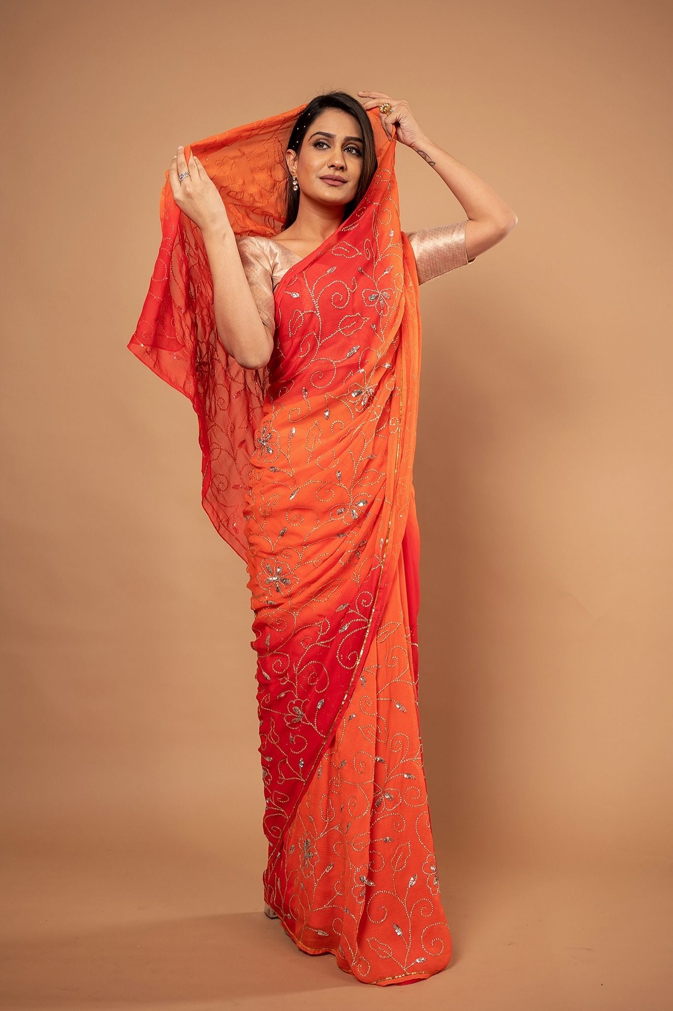 Orange light dark pure chiffon sequins jaal handwork saree