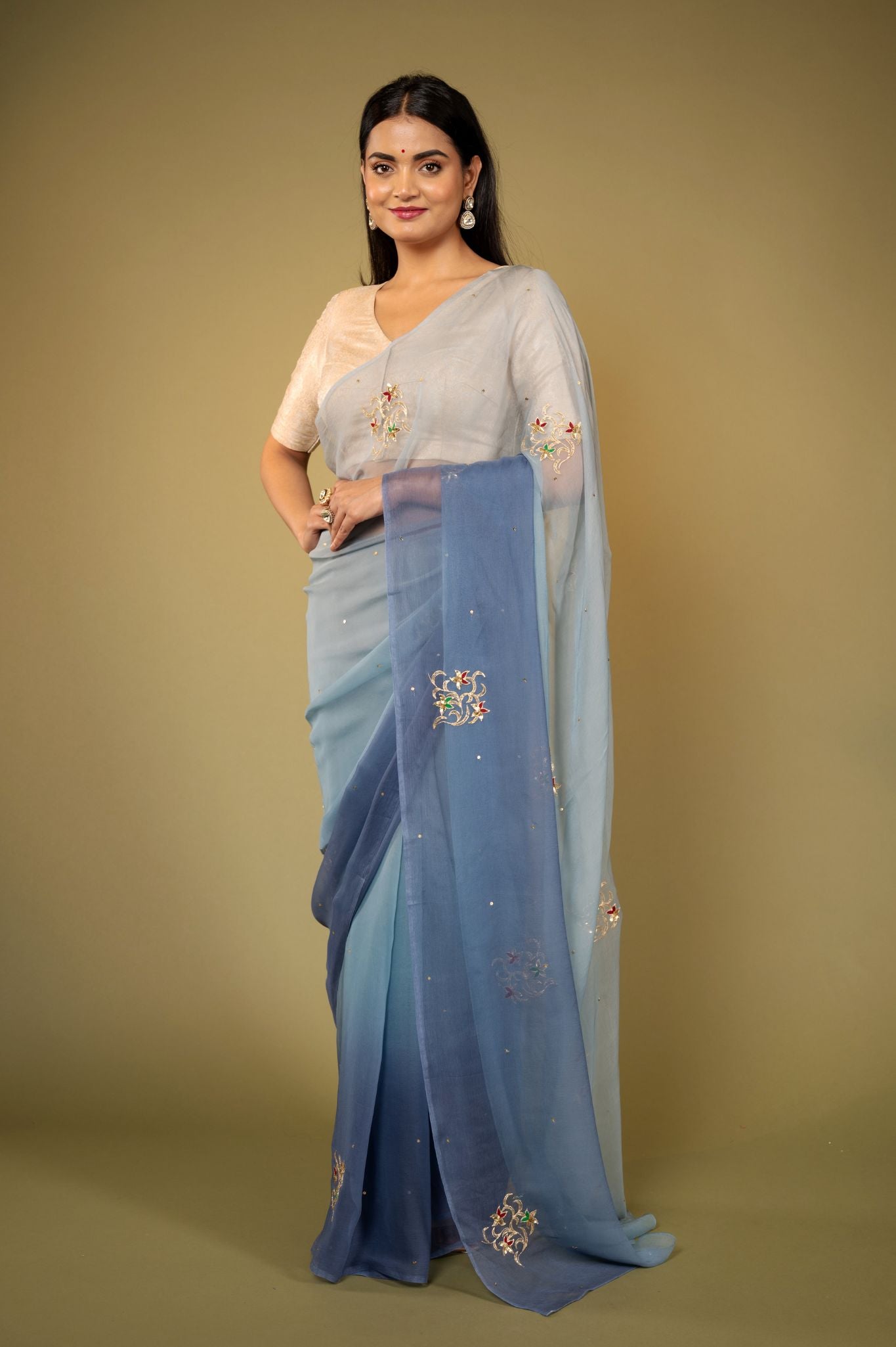 Grey light dark viscose chiffon aari sequins handwork casual wear saree