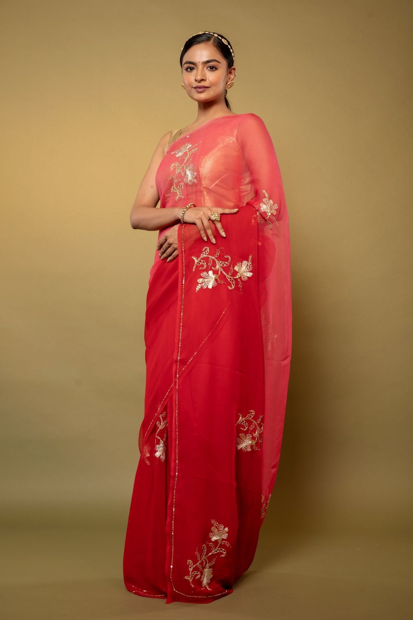 Warm Red viscose chiffon aari sequins cut work motif handwork casual wear saree