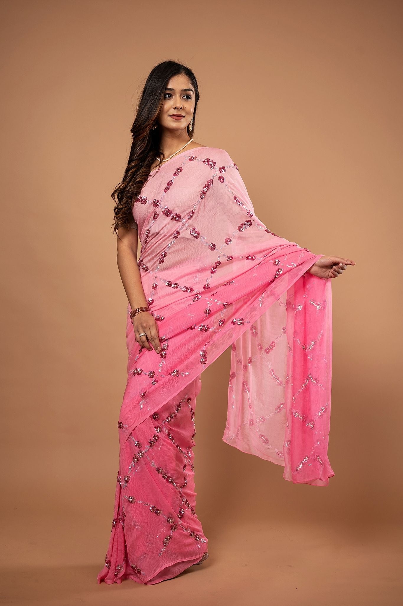 Pink light dark pure chiffon sequins jaal handwork saree