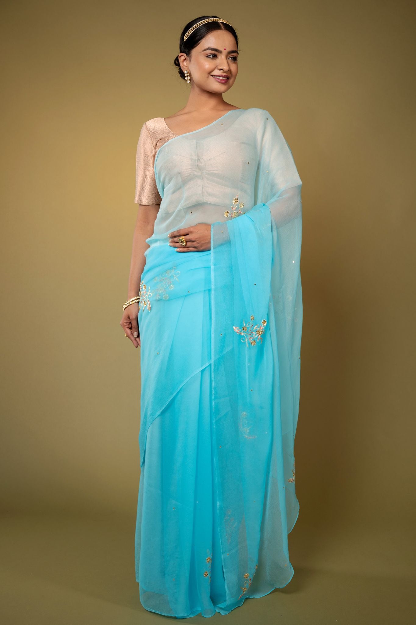 Sky blue viscose chiffon aari sequins handwork casual wear saree
