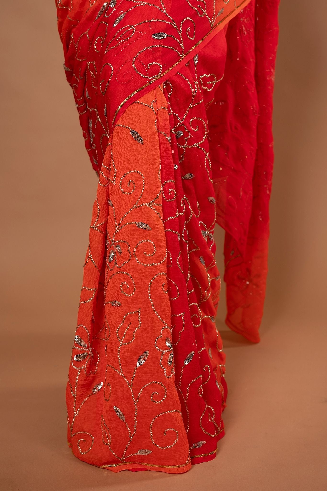 Orange light dark pure chiffon sequins jaal handwork saree