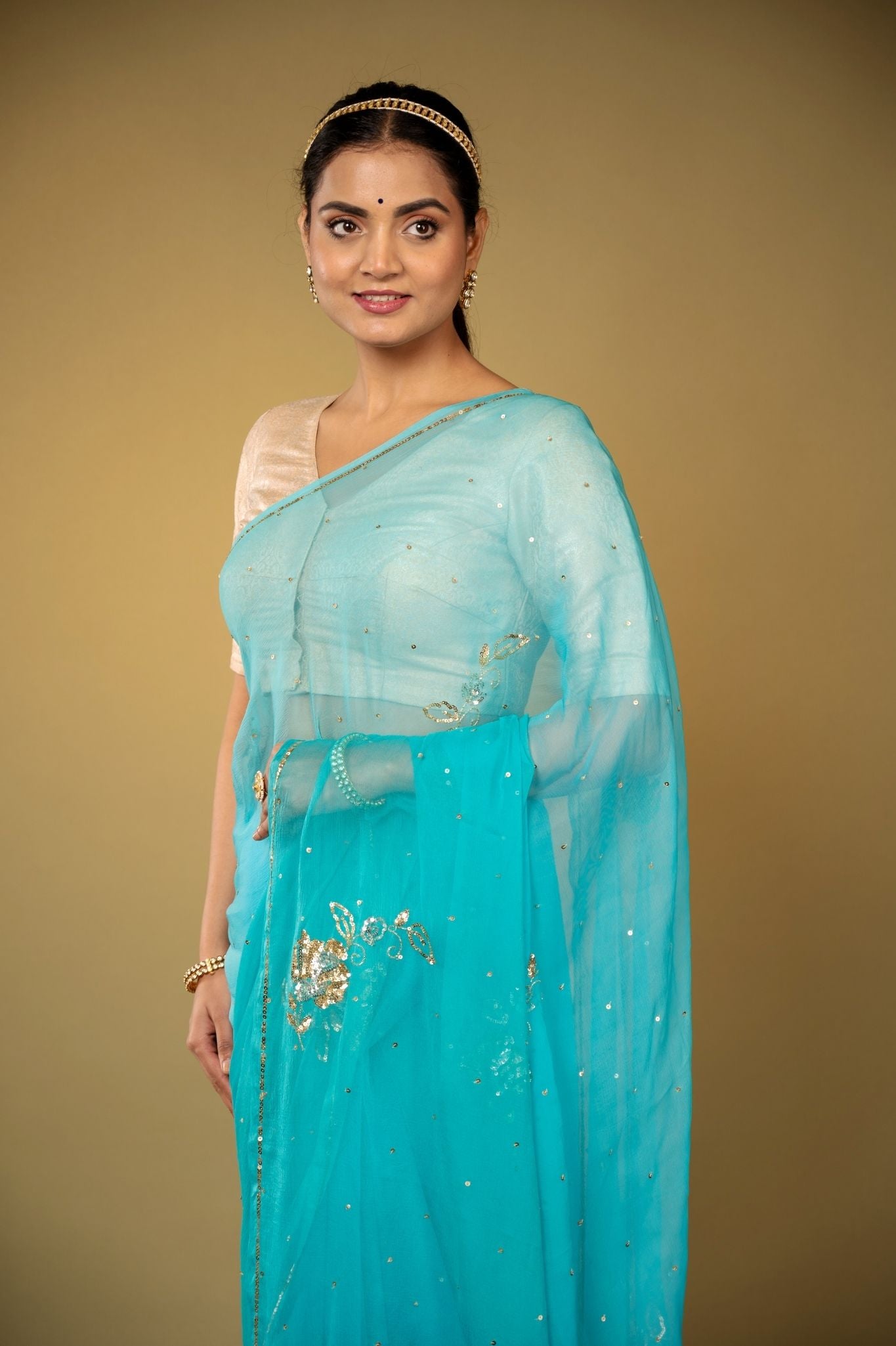 Skyblue viscose chiffon sequins kardana motif handwork casual wear saree