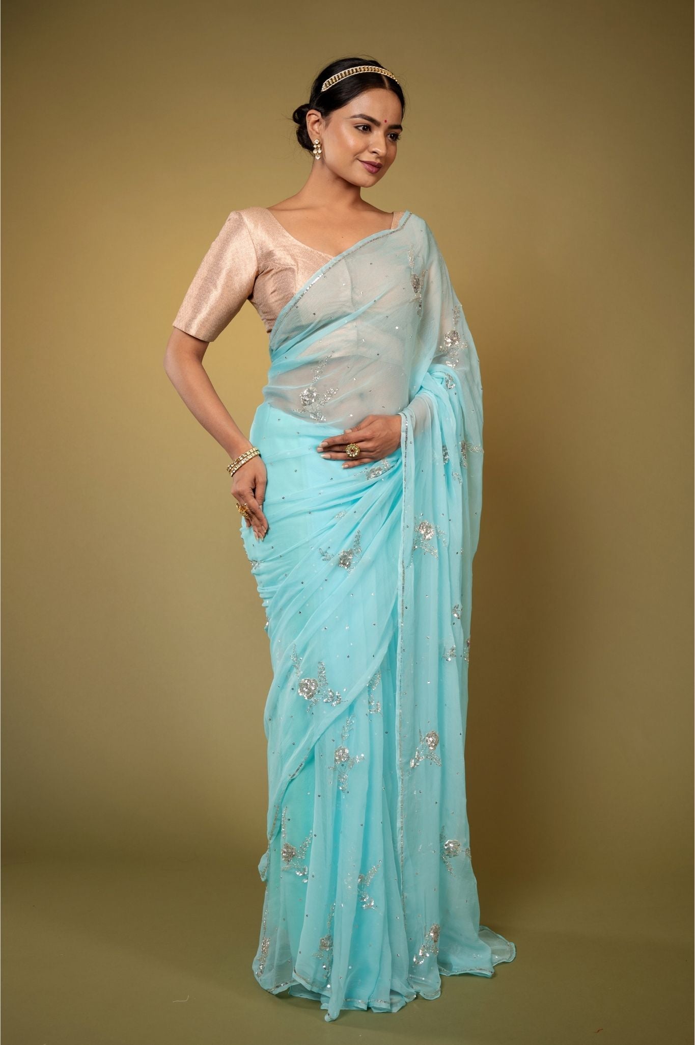 Sky blue viscose chiffon sequins motif handwork casual wear saree