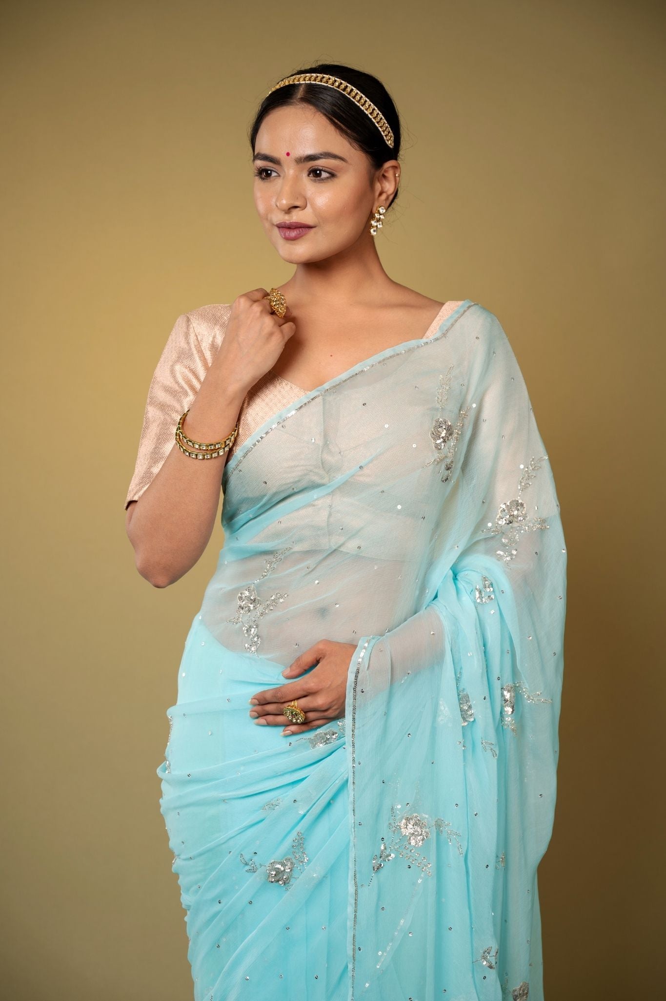 Sky blue viscose chiffon sequins motif handwork casual wear saree