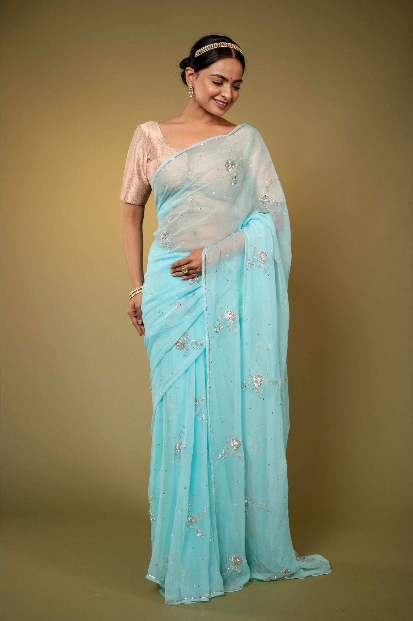 Sky blue viscose chiffon sequins motif handwork casual wear saree