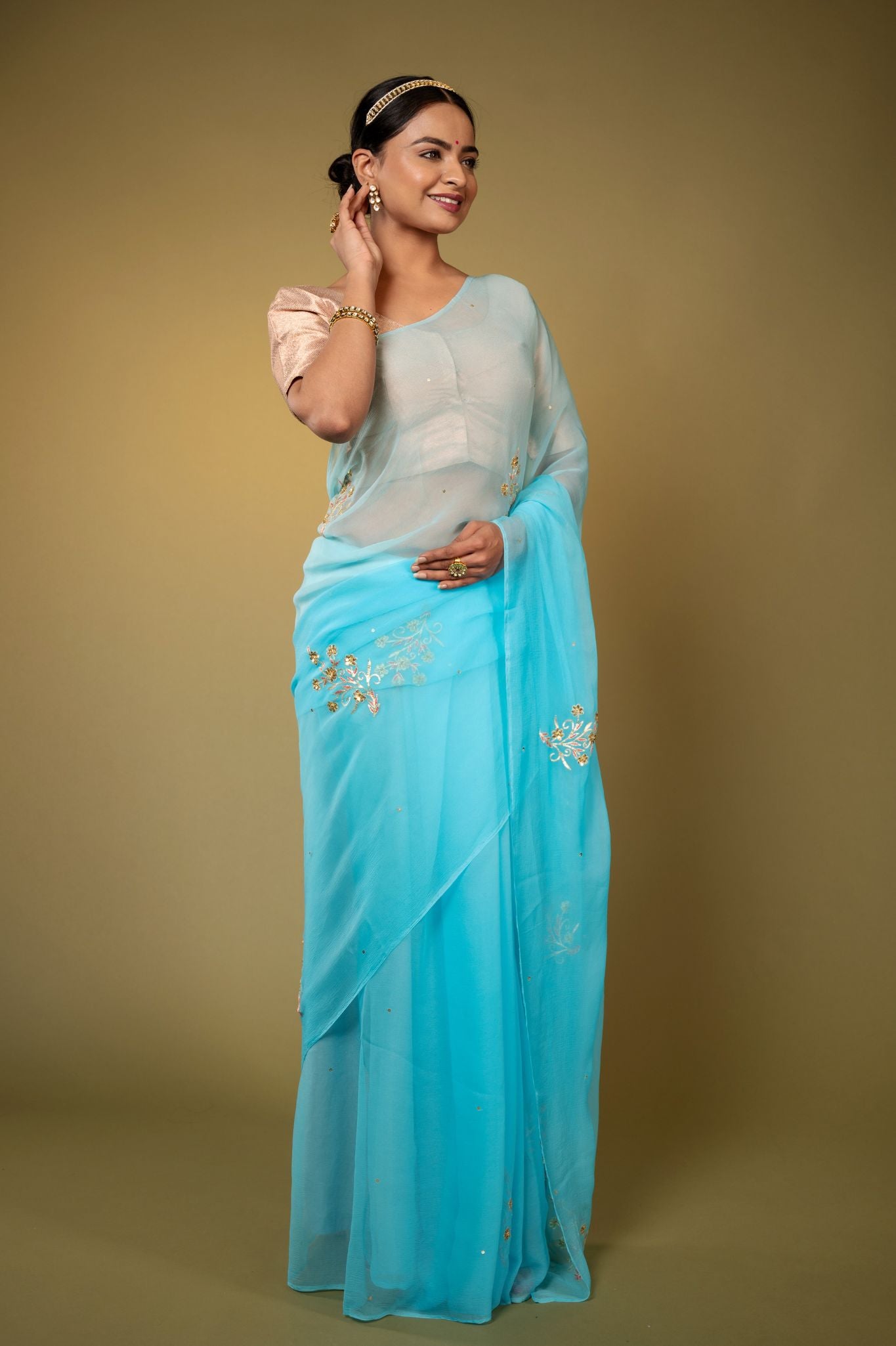 Sky blue viscose chiffon aari sequins handwork casual wear saree