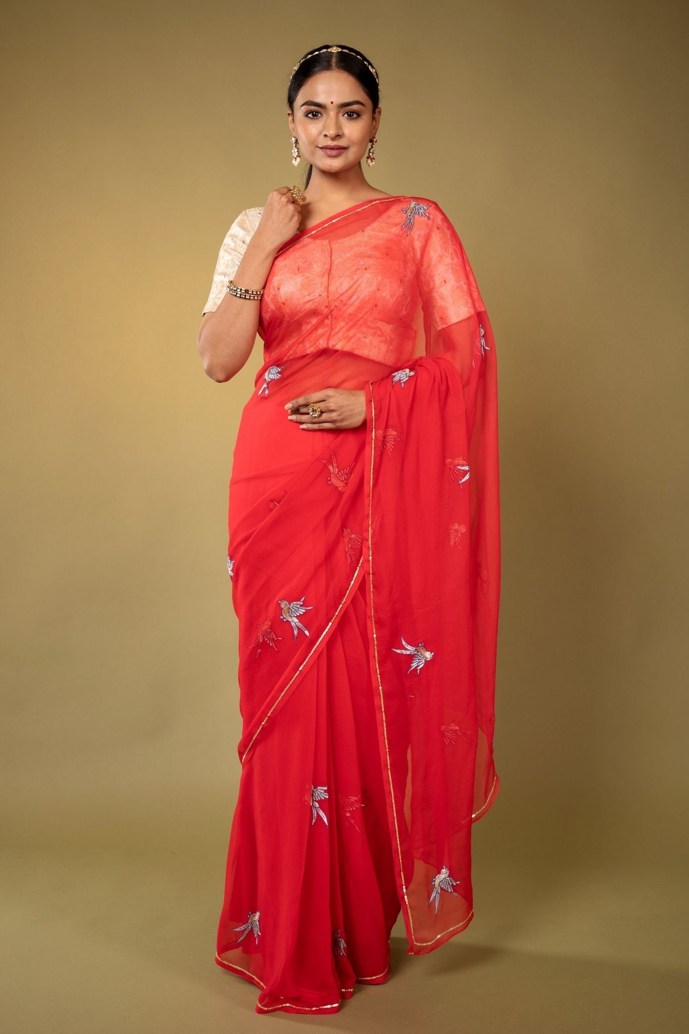 Red Viscose Chiffon Aari resham motif handwork casual wear saree