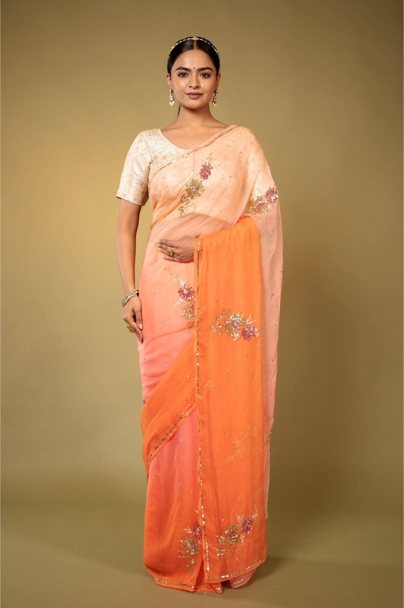 Peach light dark Viscose Chiffon aari sequins motif handwork casual wear saree
