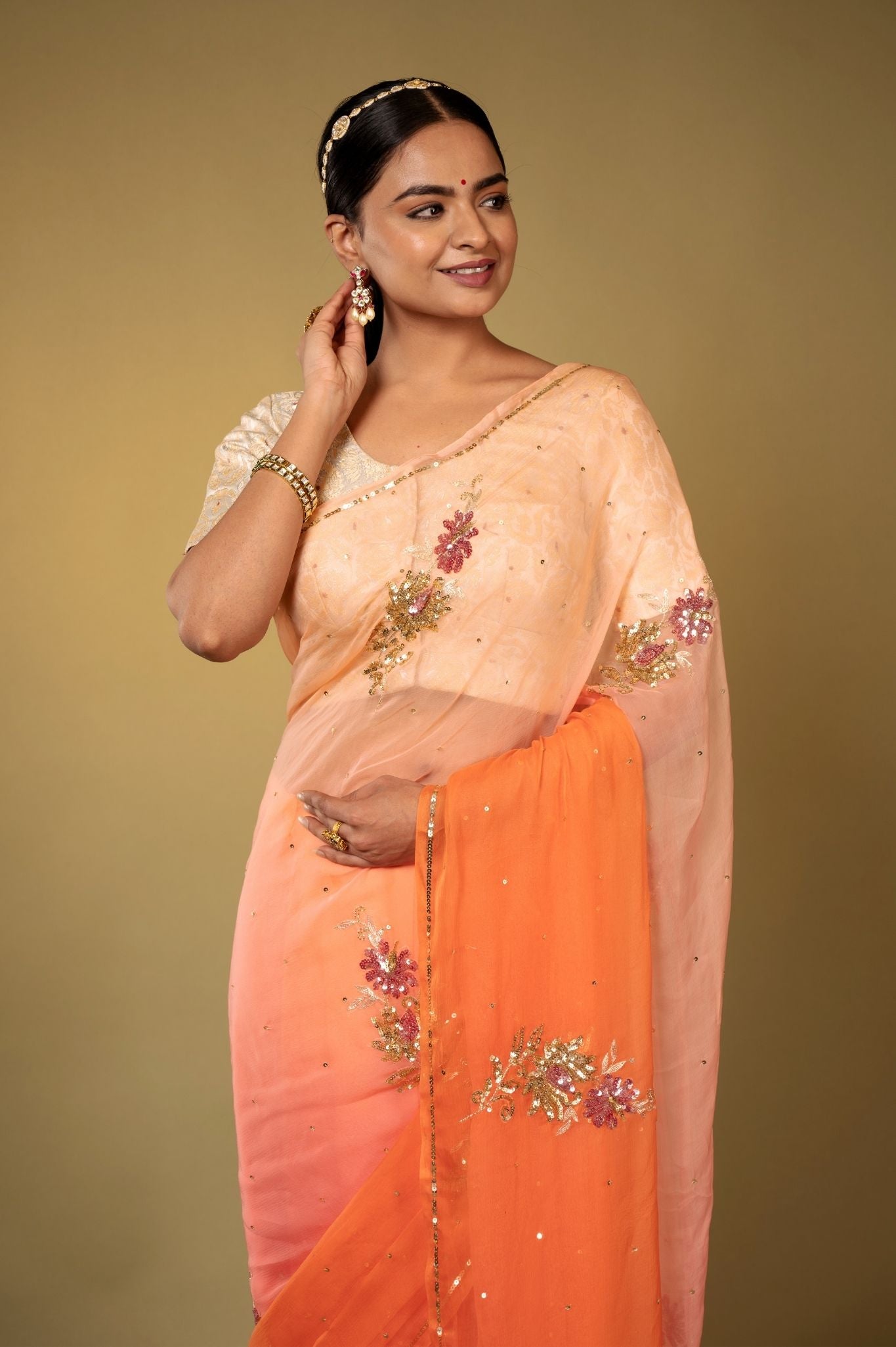 Peach light dark Viscose Chiffon aari sequins motif handwork casual wear saree