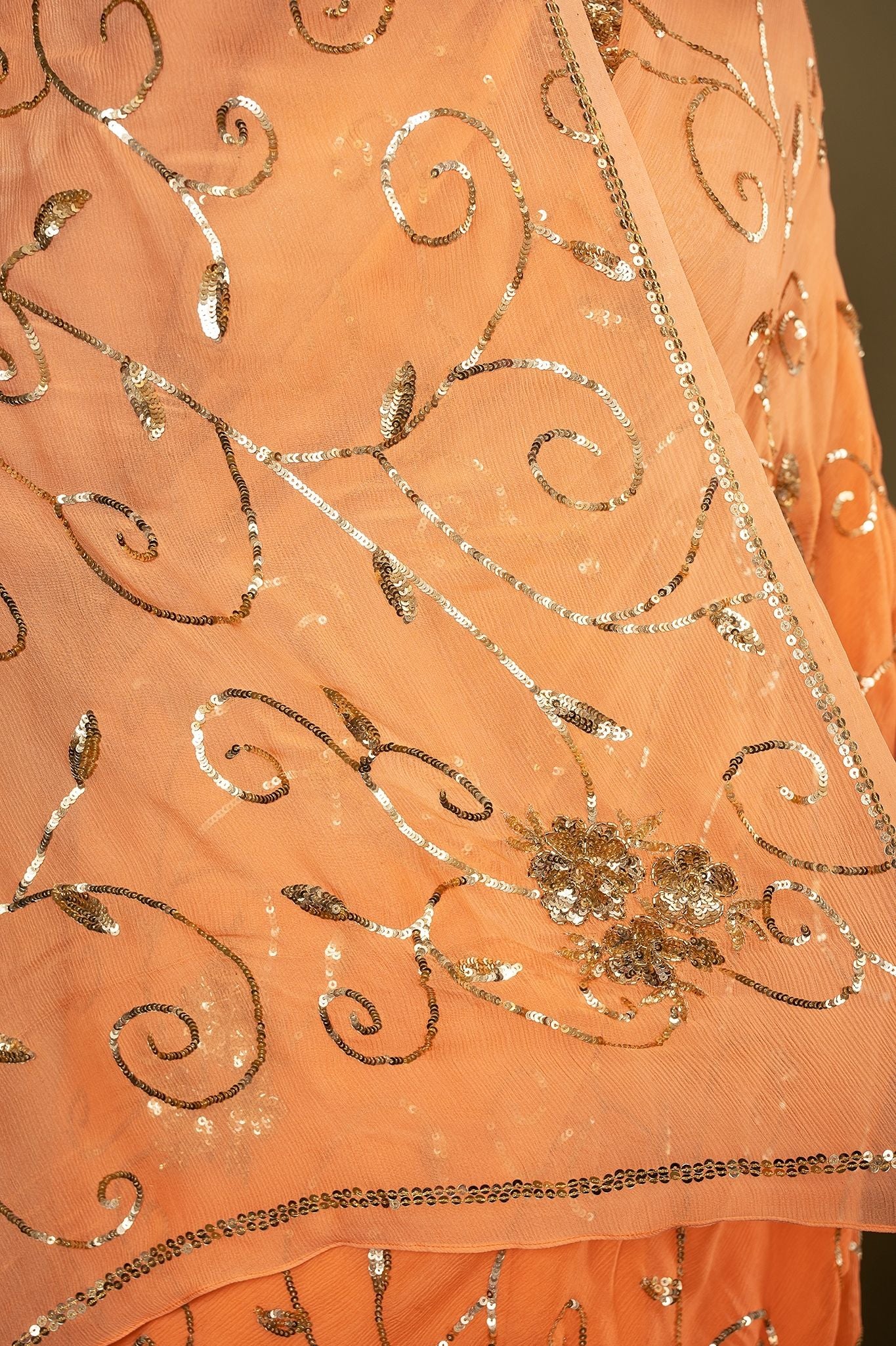 Orange Pure Chiffon aari sequins jaal handwork saree