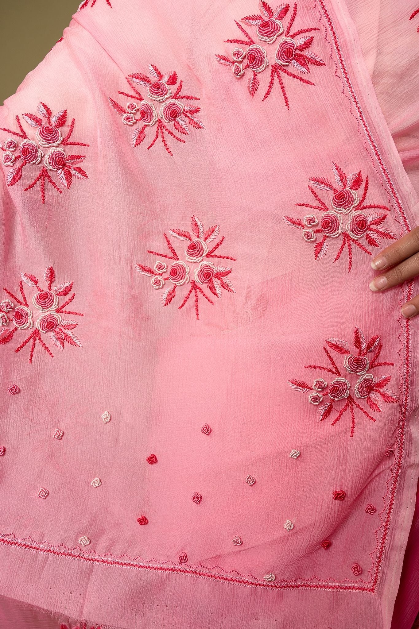 Pink light dark Pure Chiffon Resham Embroidery motif handwork saree