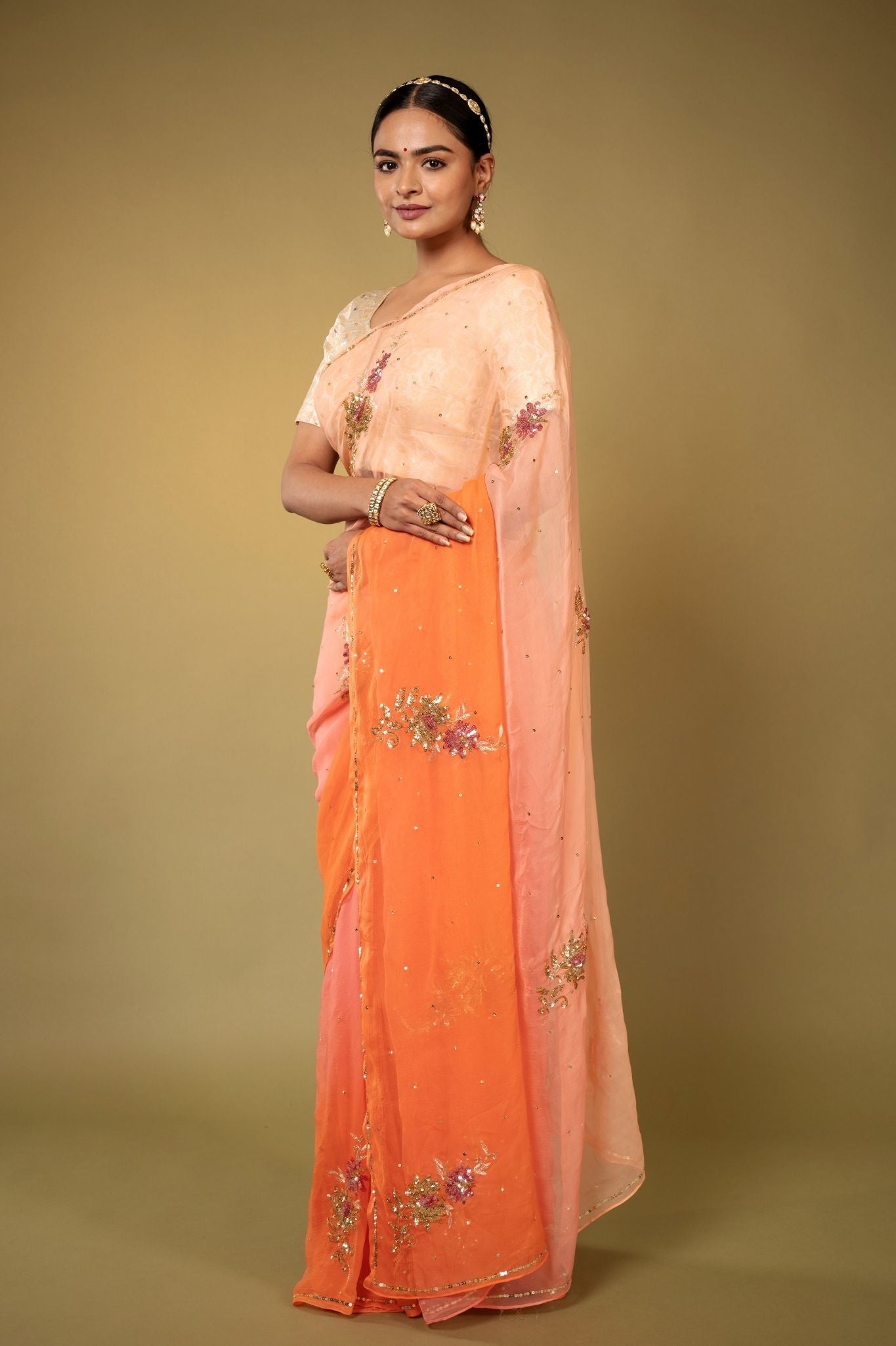 Peach light dark Viscose Chiffon aari sequins motif handwork casual wear saree
