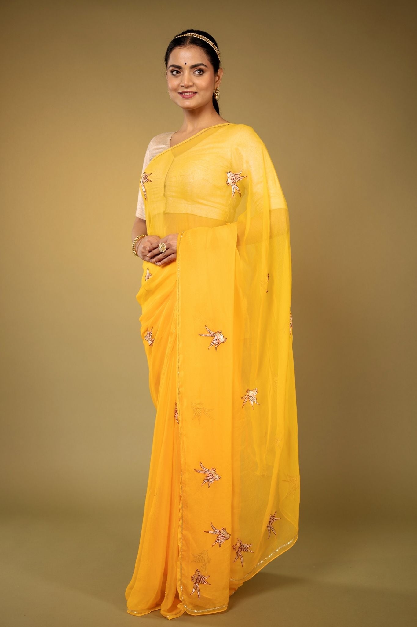 Yellow Viscose Chiffon aari resham motif handwork casual wear saree