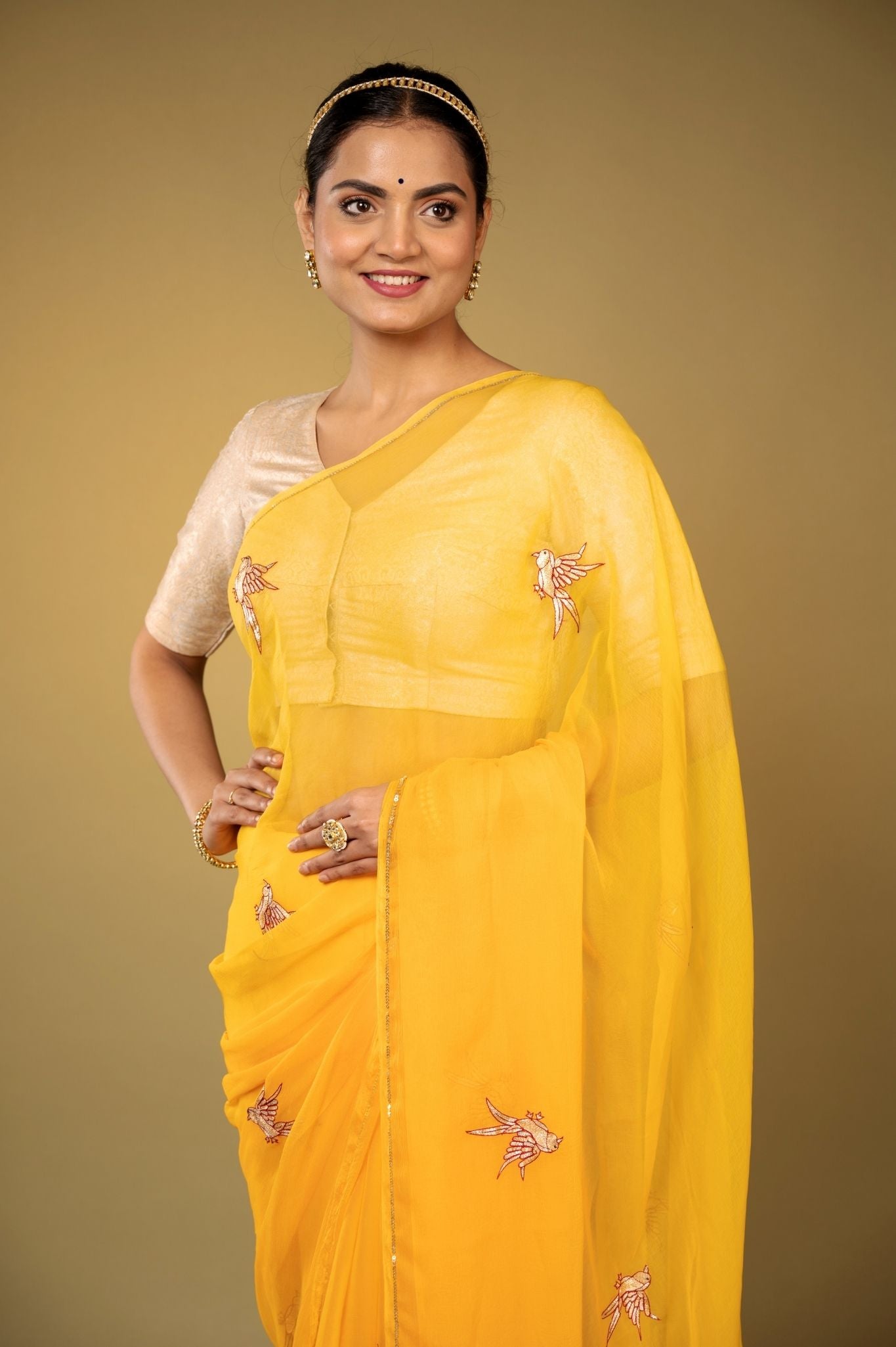Yellow Viscose Chiffon aari resham motif handwork casual wear saree