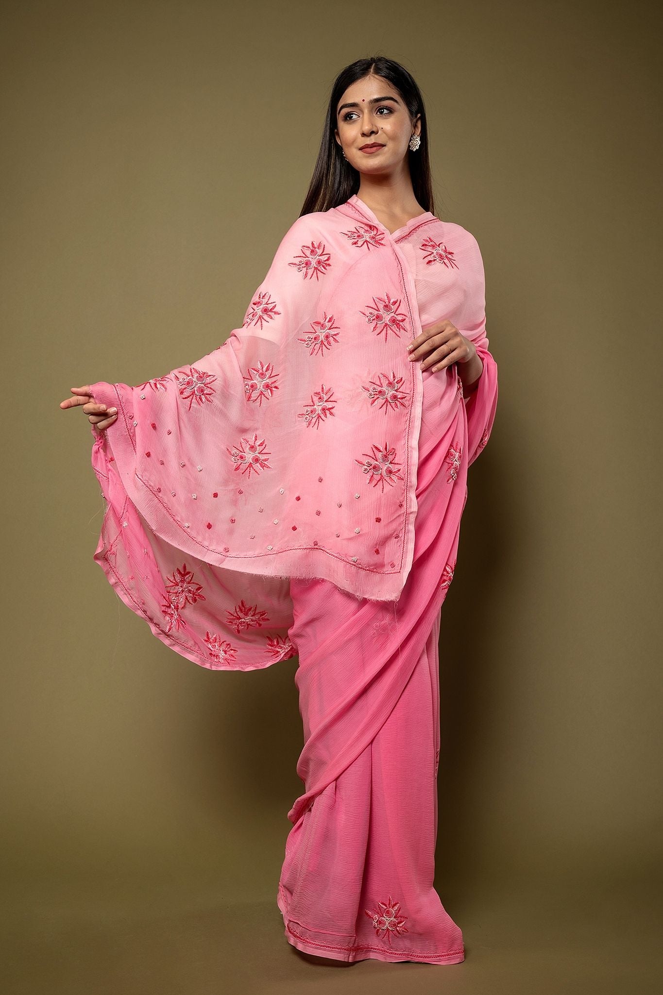 Pink light dark Pure Chiffon Resham Embroidery motif handwork saree