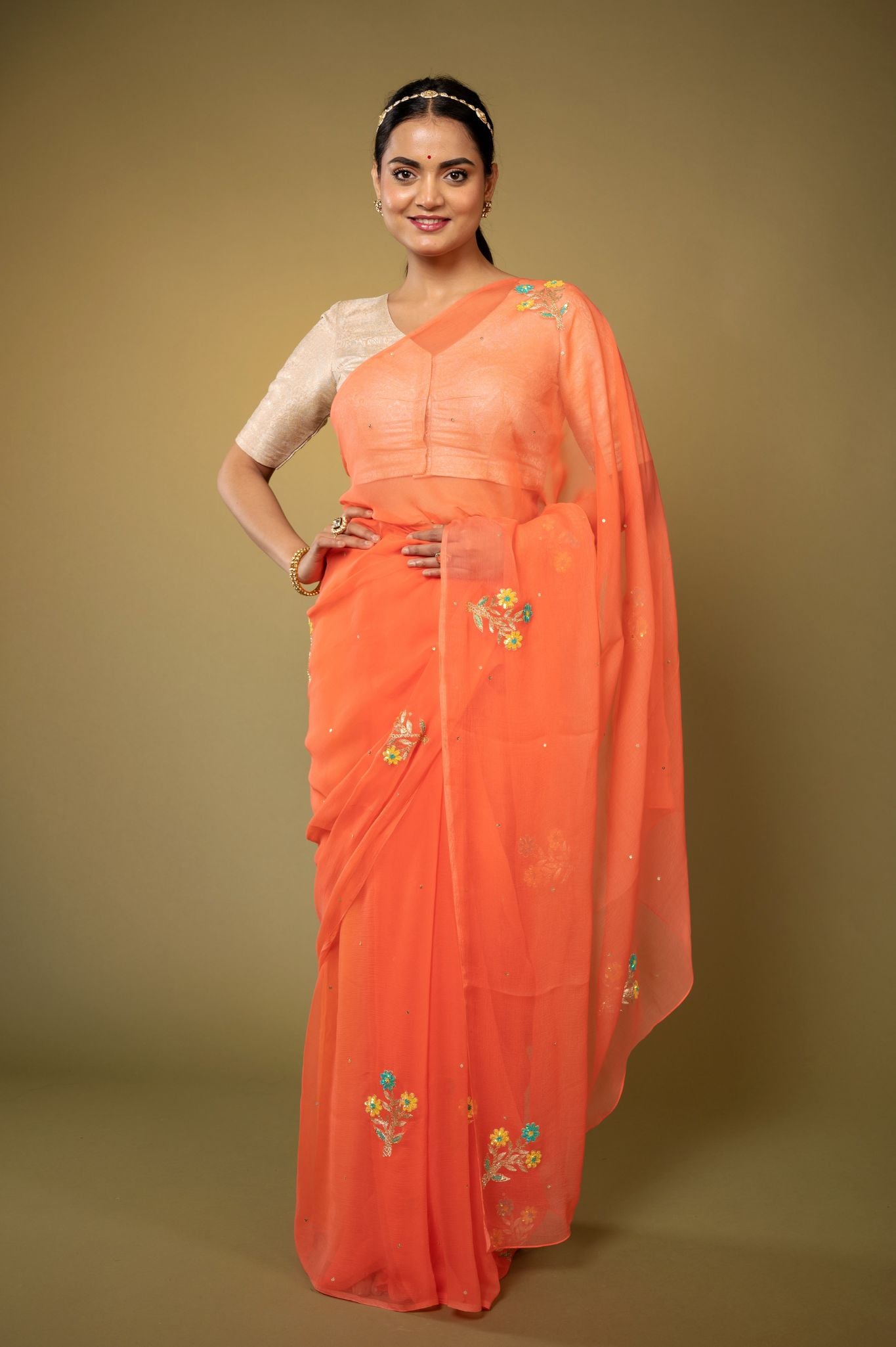 Peach viscose chiffon aari sequins handwork casual wear saree
