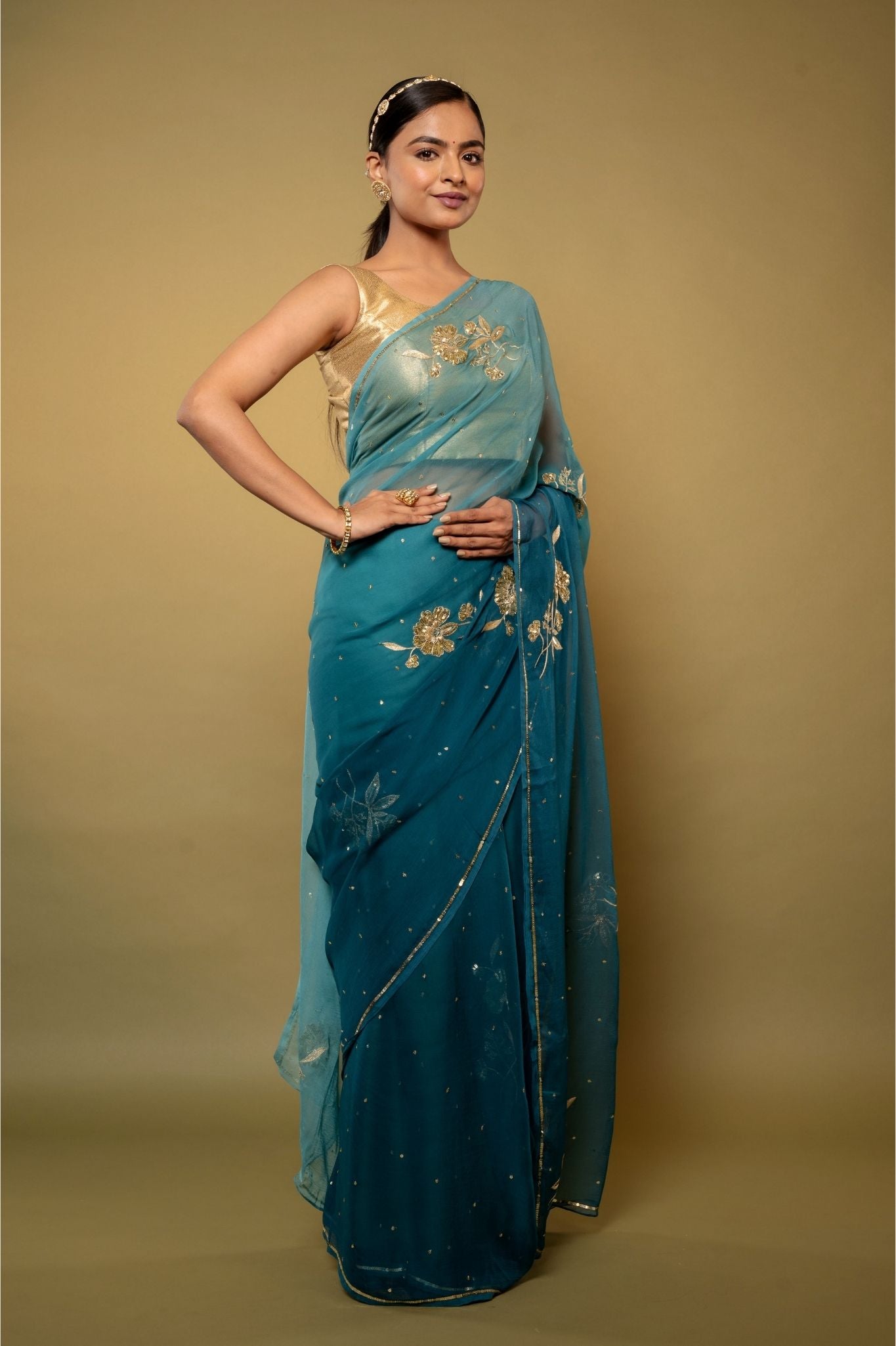 Rama blue light dark Viscose Chiffon aari sequins motif handwork casual wear saree