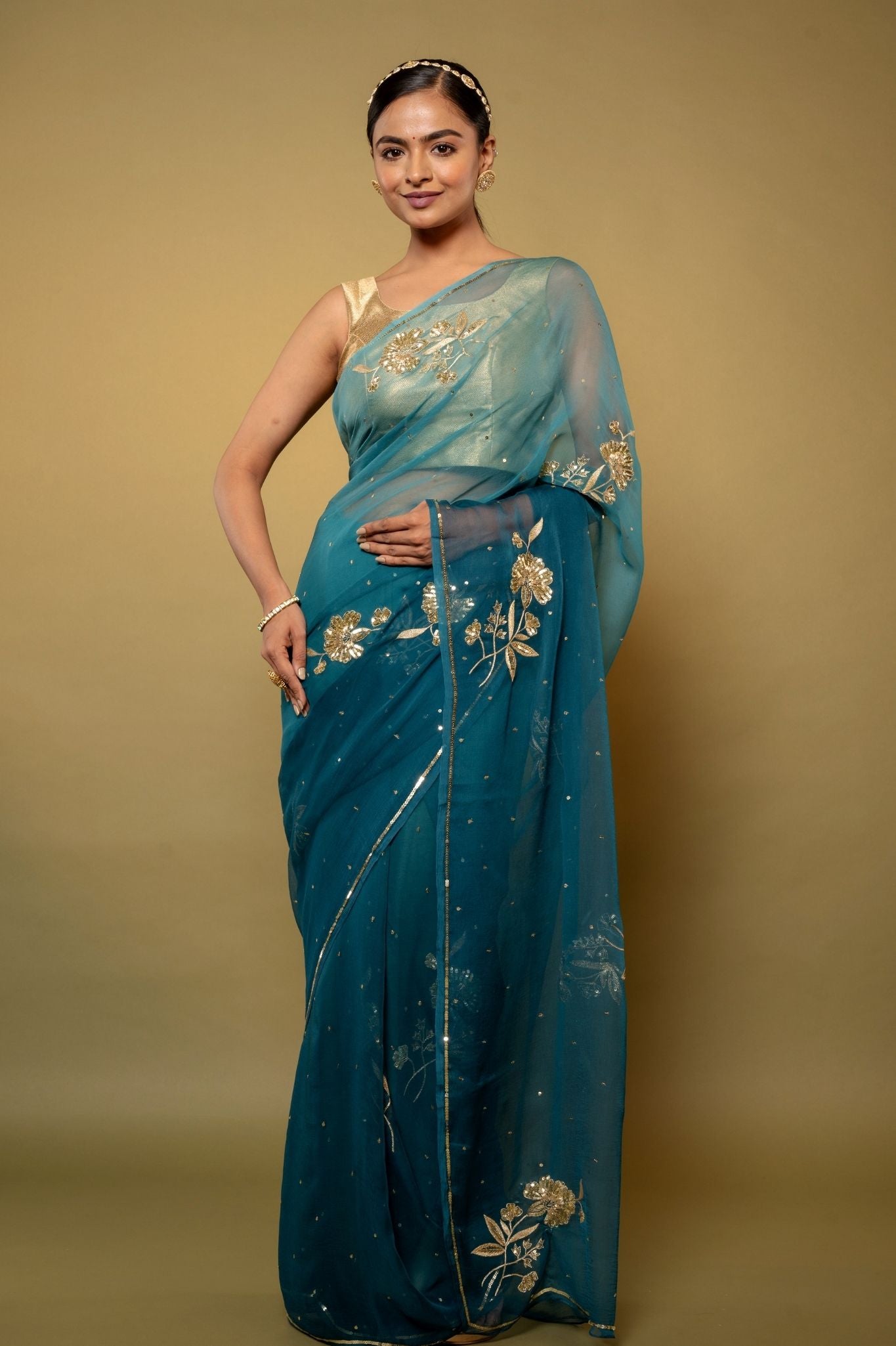Rama blue light dark Viscose Chiffon aari sequins motif handwork casual wear saree