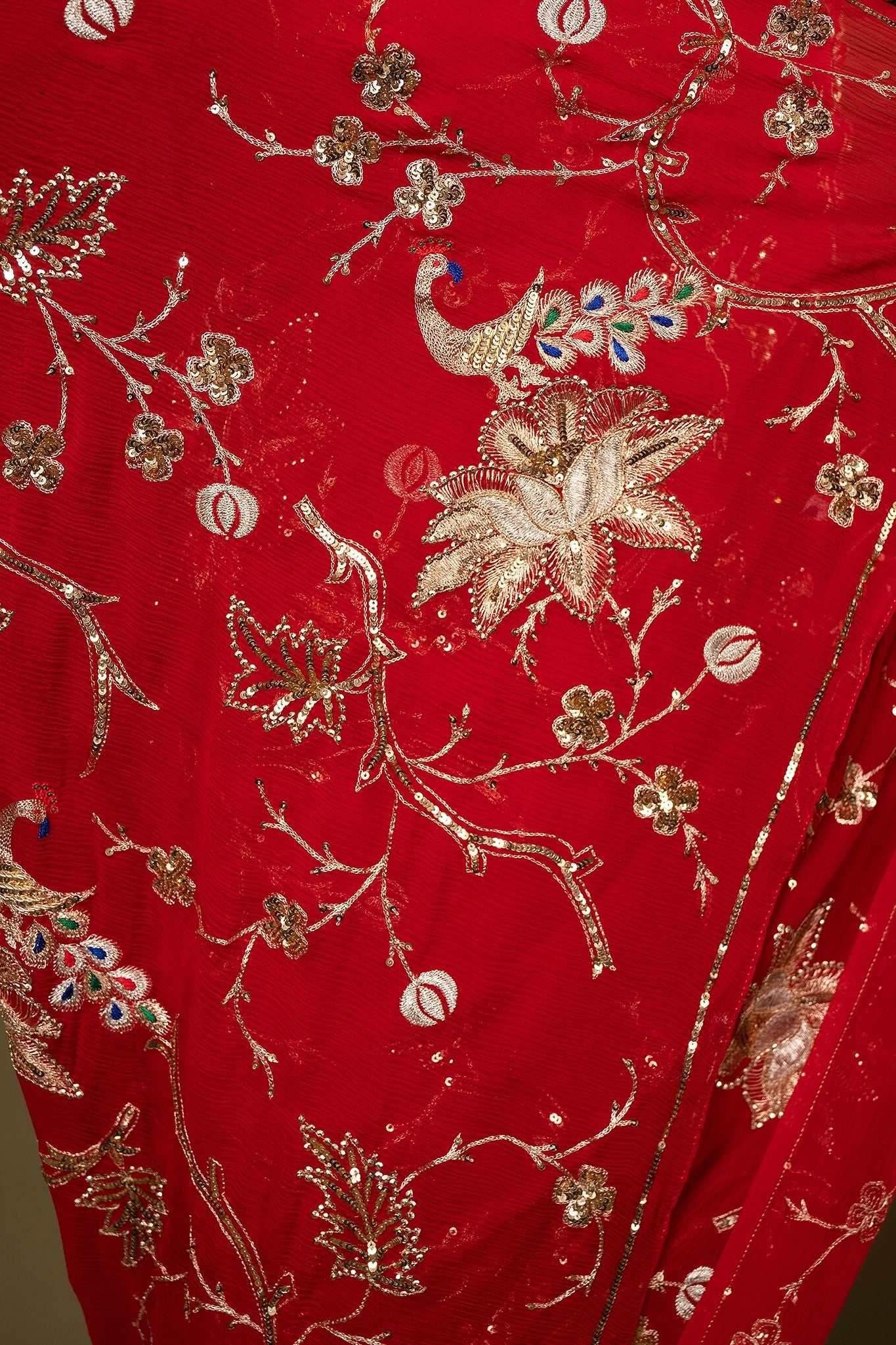red pure chiffon aari sequins jaal handwork saree