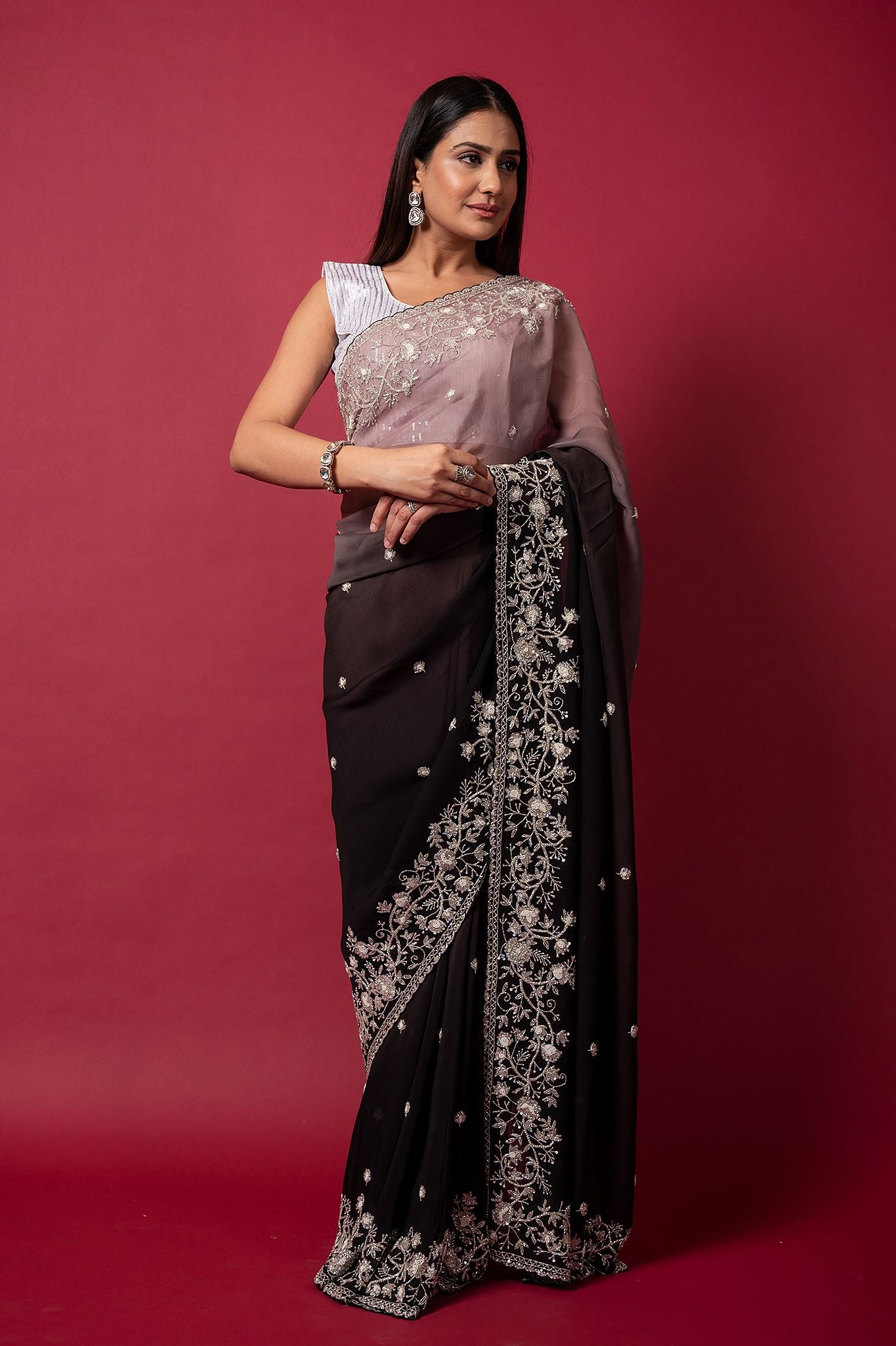 black grey organza pearl sequins kardana handwork saree
