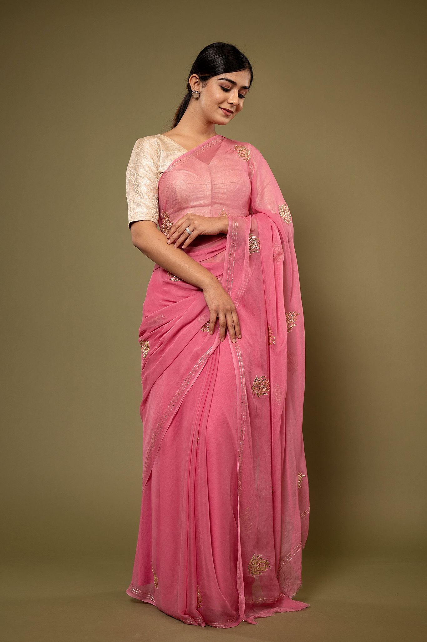 Pink viscose chiffon aari sequins motif handwork casual wear saree
