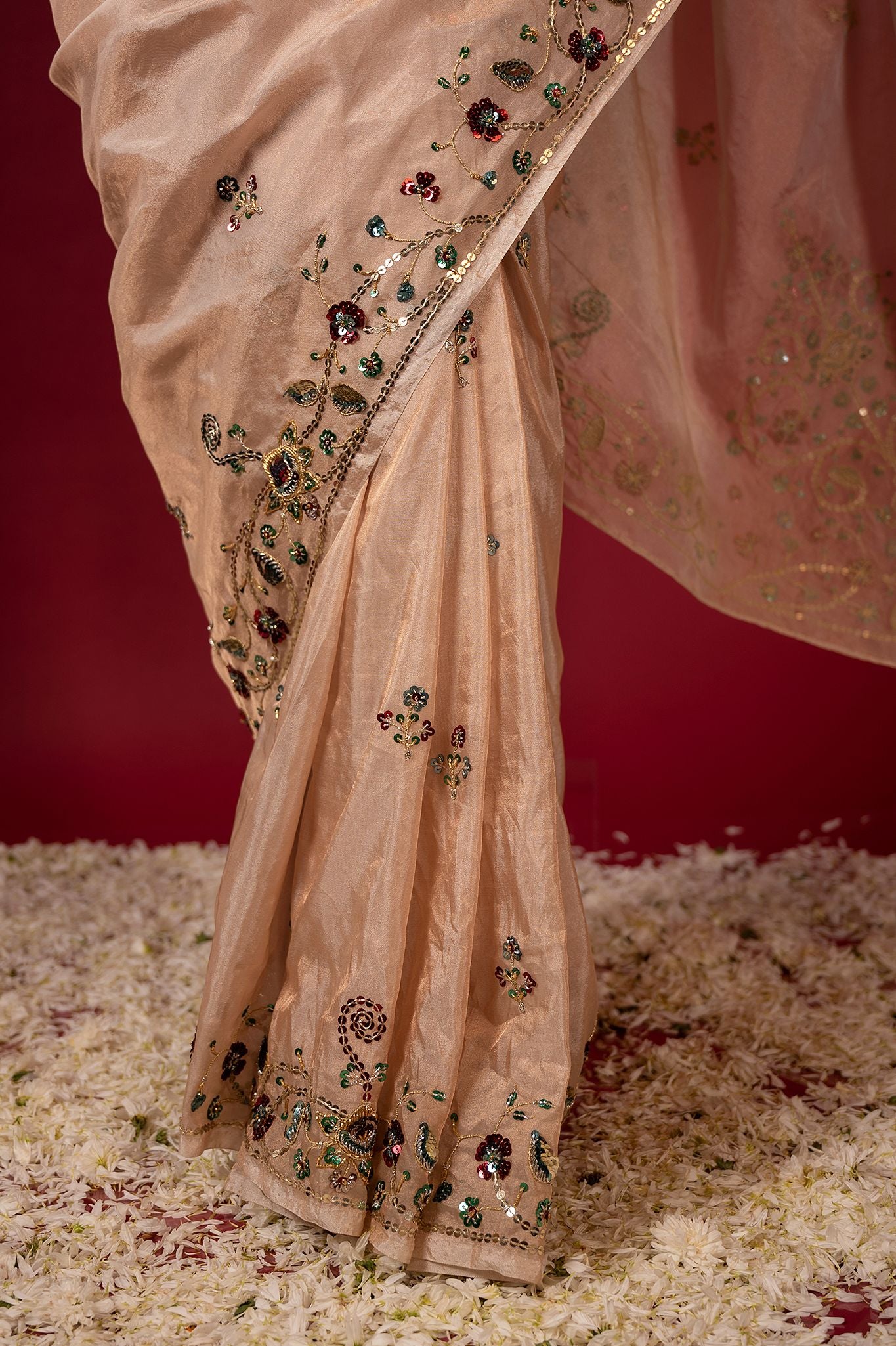 Cream Pure Tissue aari sequins handwork saree