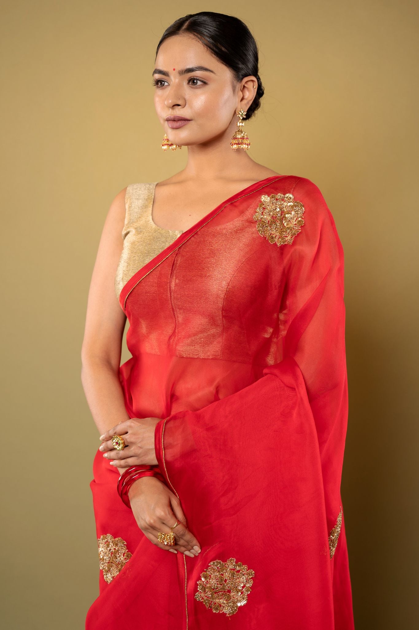 Red pure organza zardozi motif handwork saree