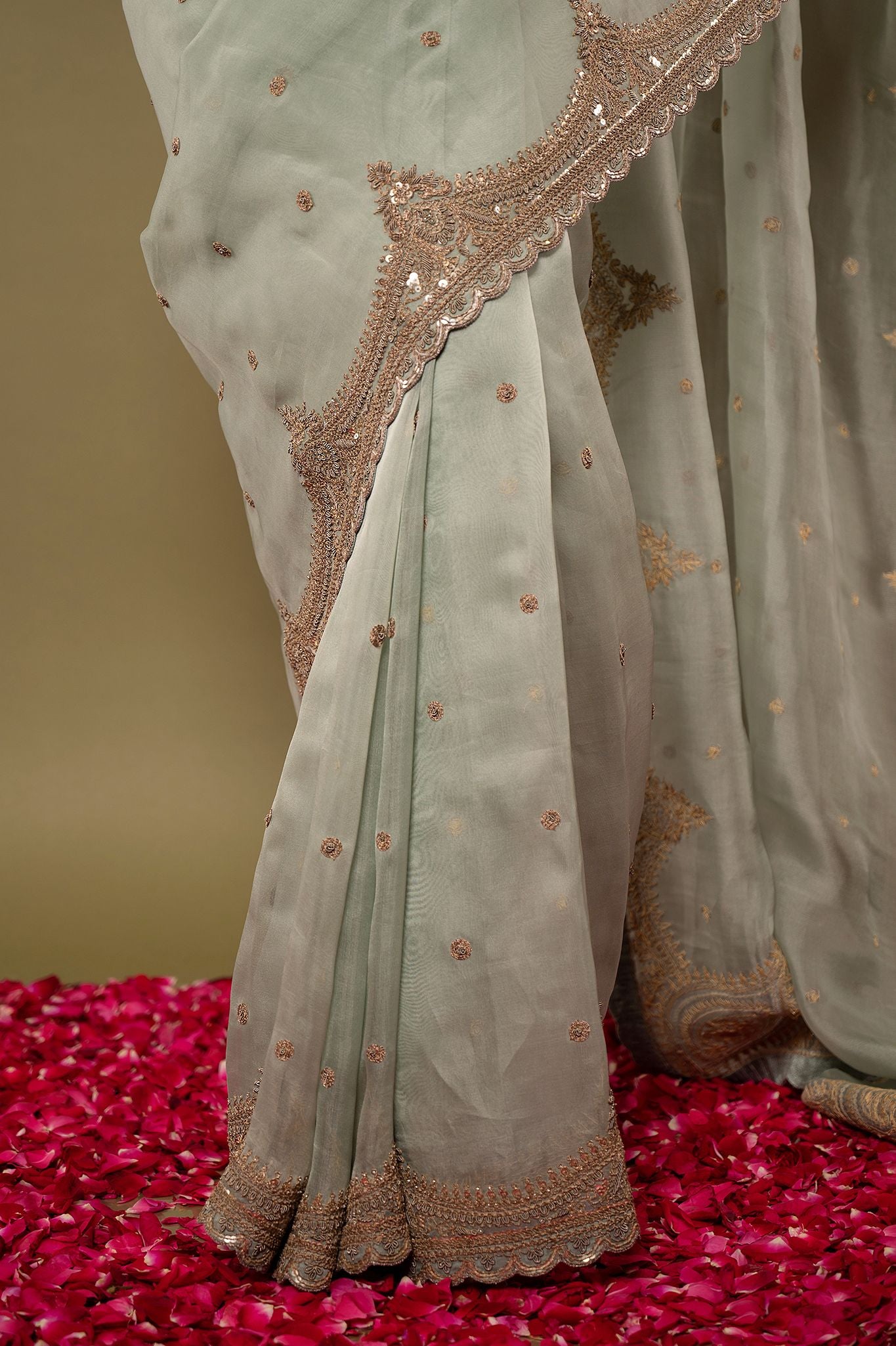 Greyish Green pure organza Dapka Marodi Border Butti handwork saree