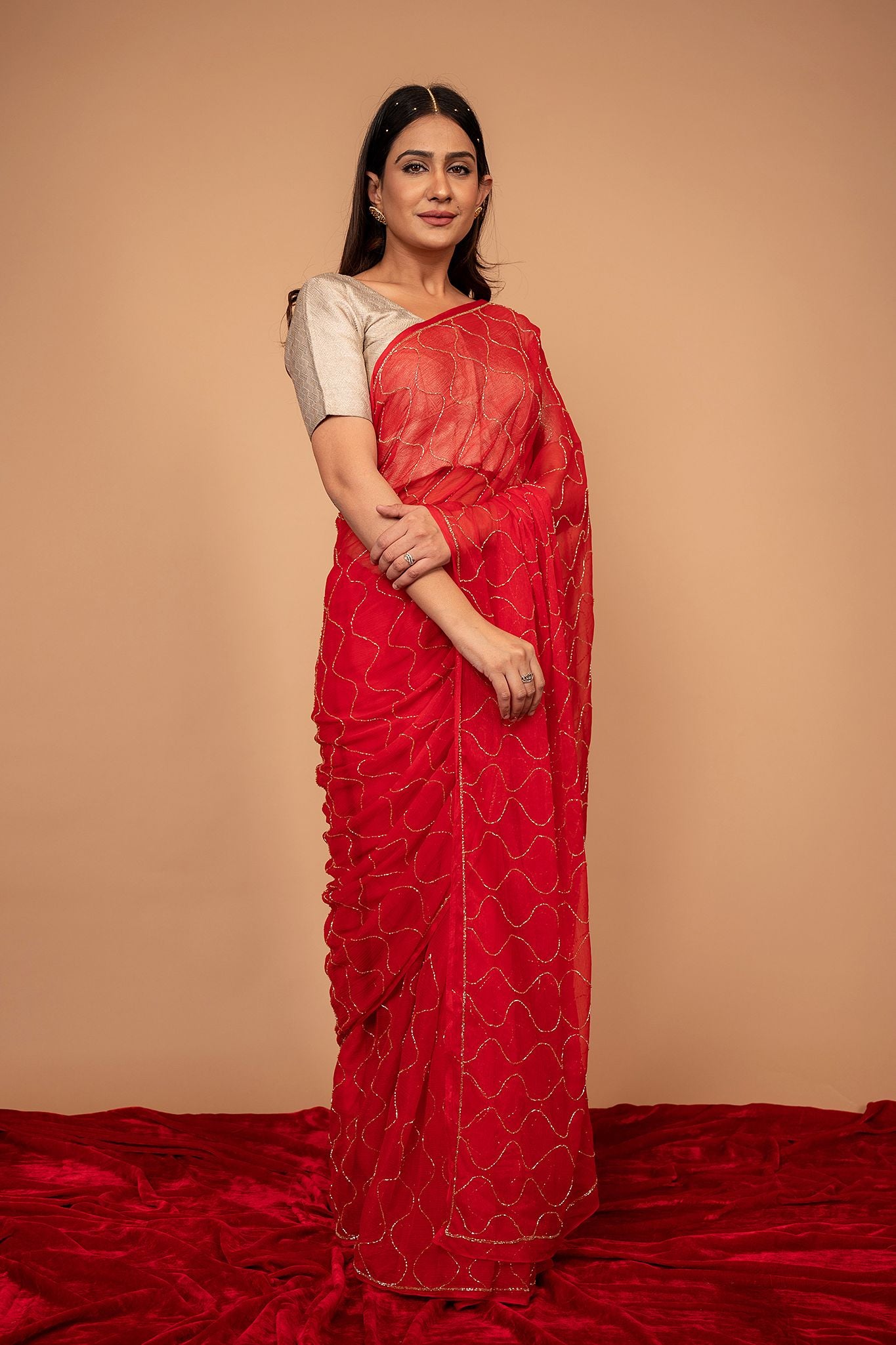 red Viscose Chiffon Kardana jaal Handwork Saree