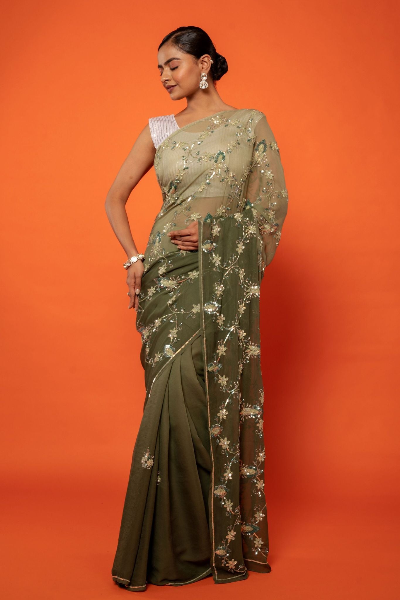 Olive green pure chiffon aari sequins jaal handwork saree