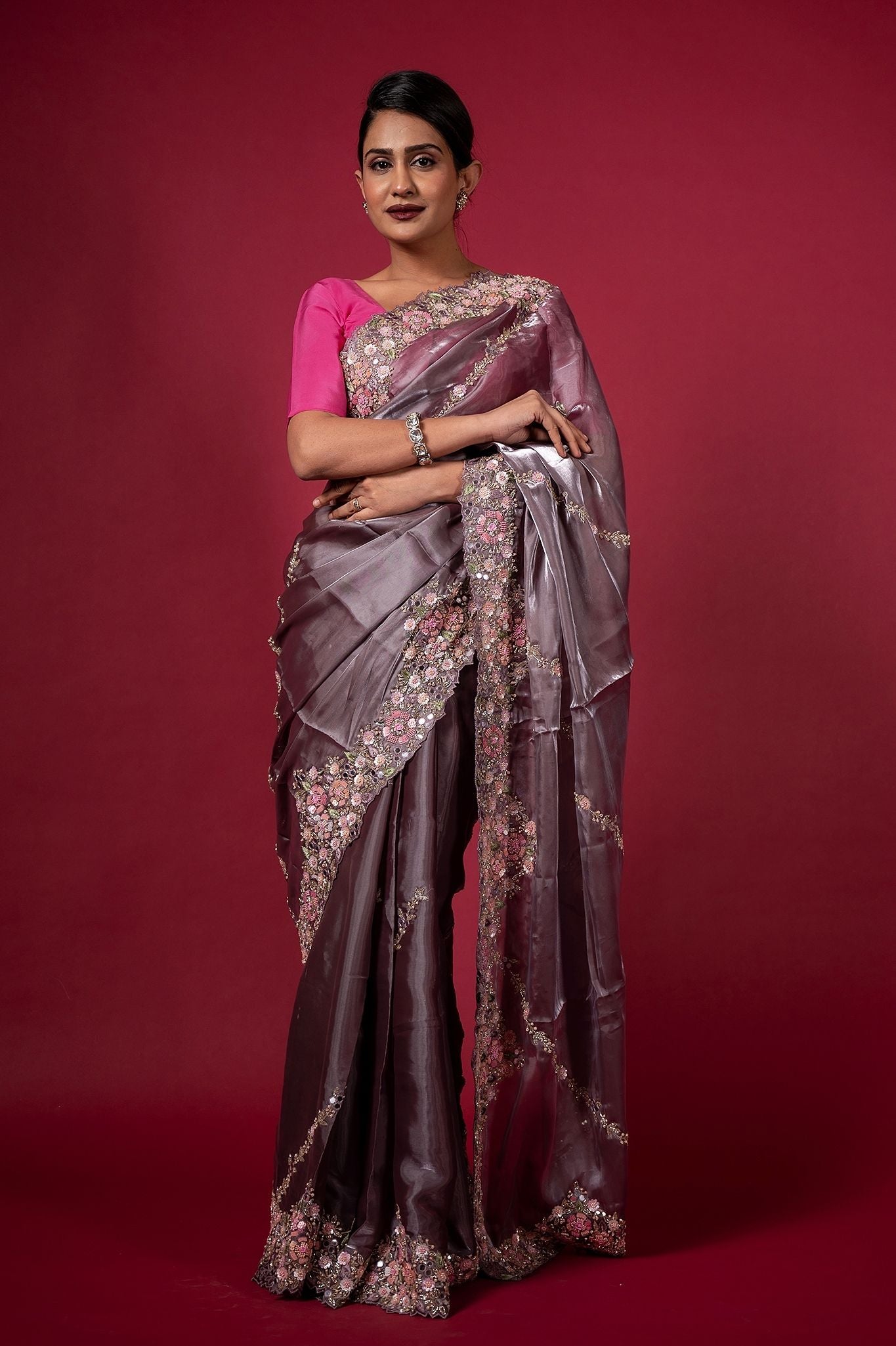Purple Tissue organza pearl sequins kardana resham handwork saree