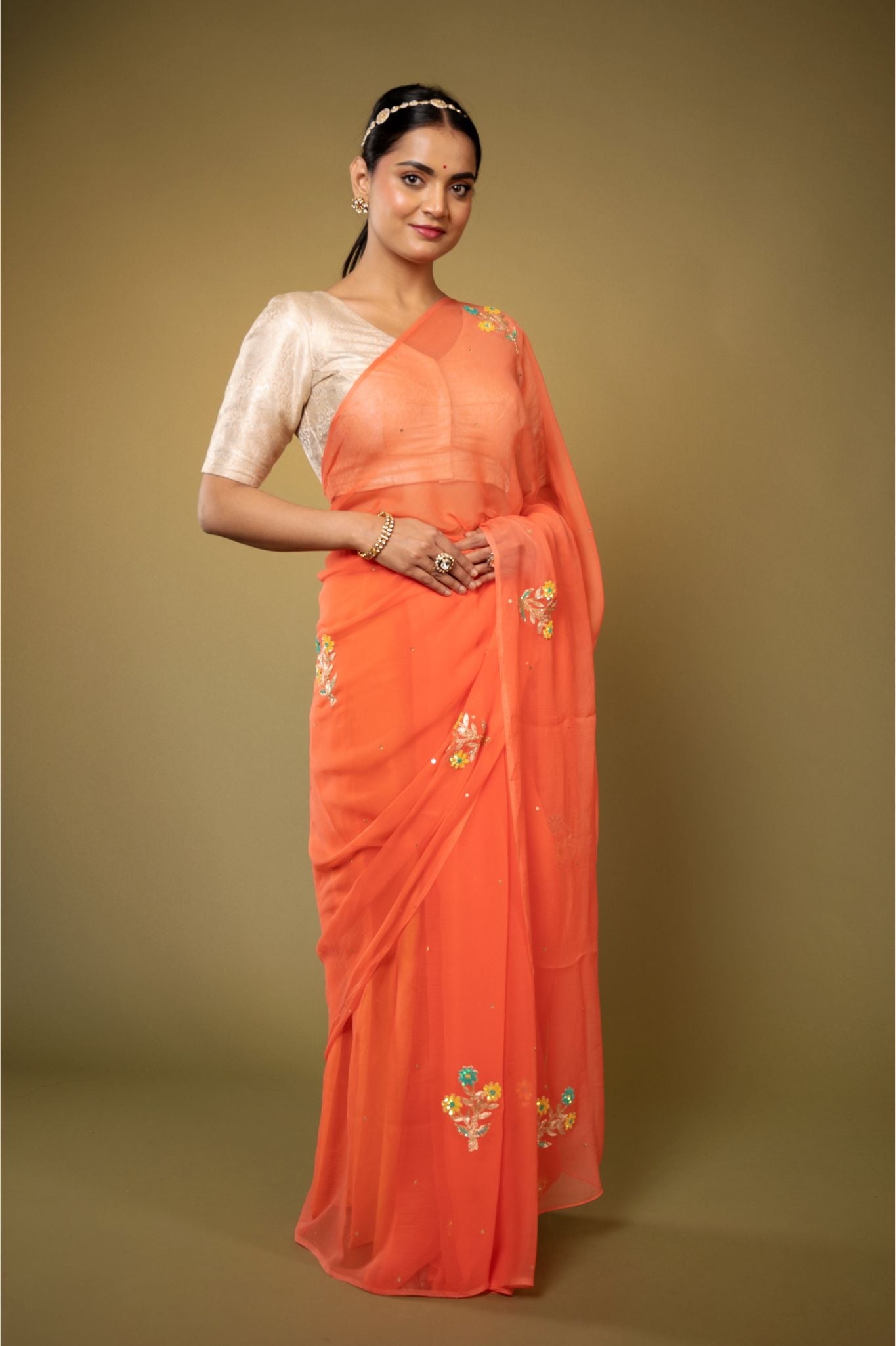 Peach viscose chiffon aari sequins handwork casual wear saree
