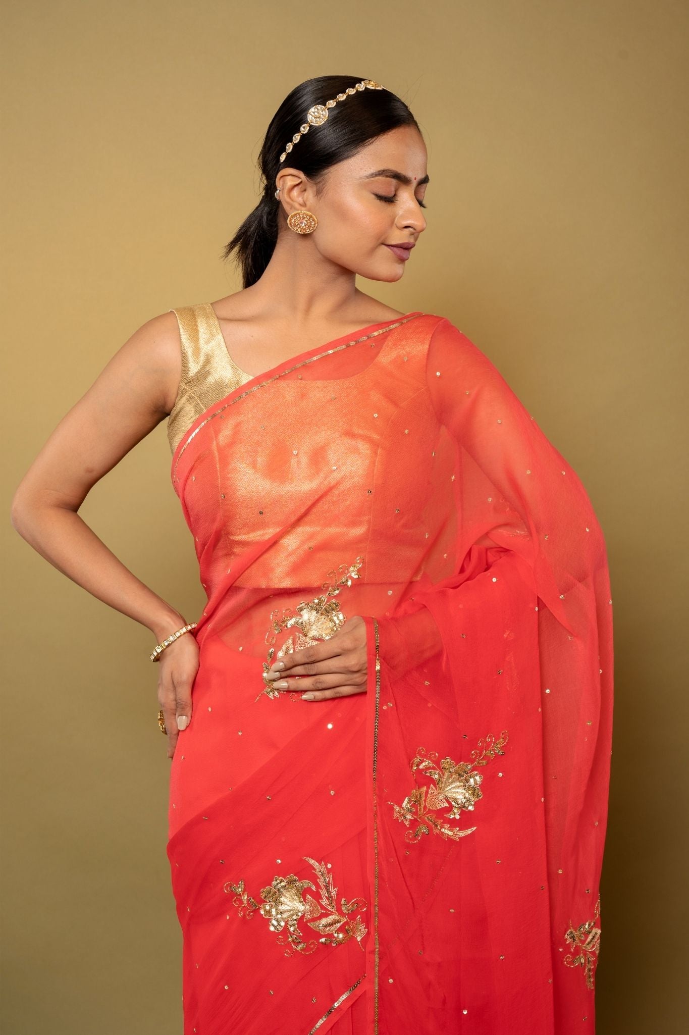 Warm Red Viscose Chiffon aari sequins motif handwork casual wear saree