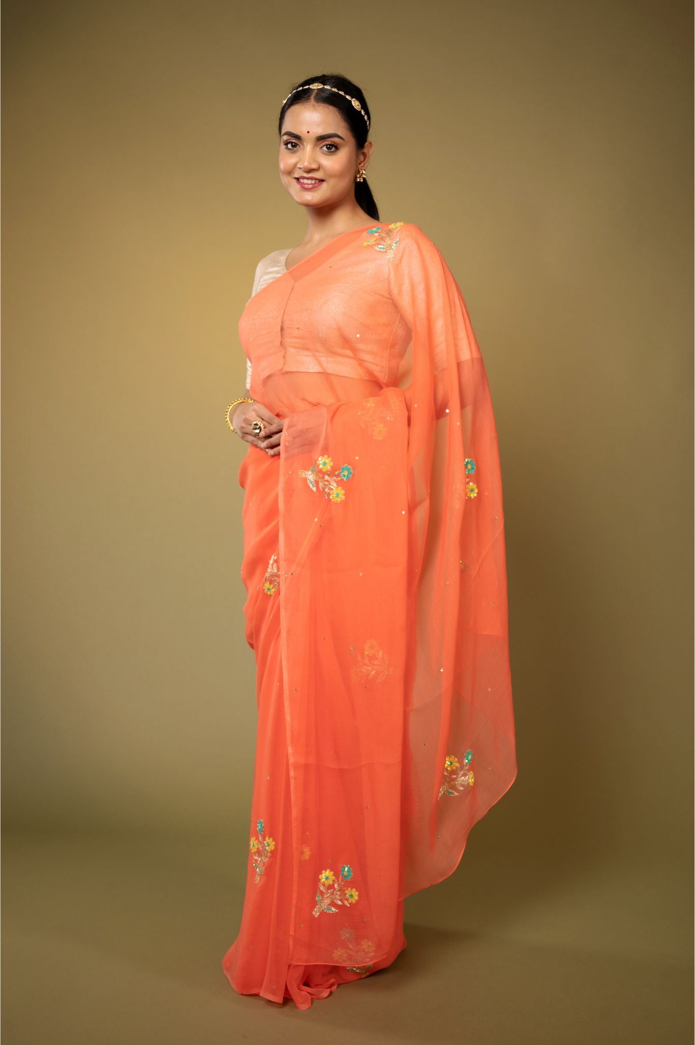 Peach viscose chiffon aari sequins handwork casual wear saree
