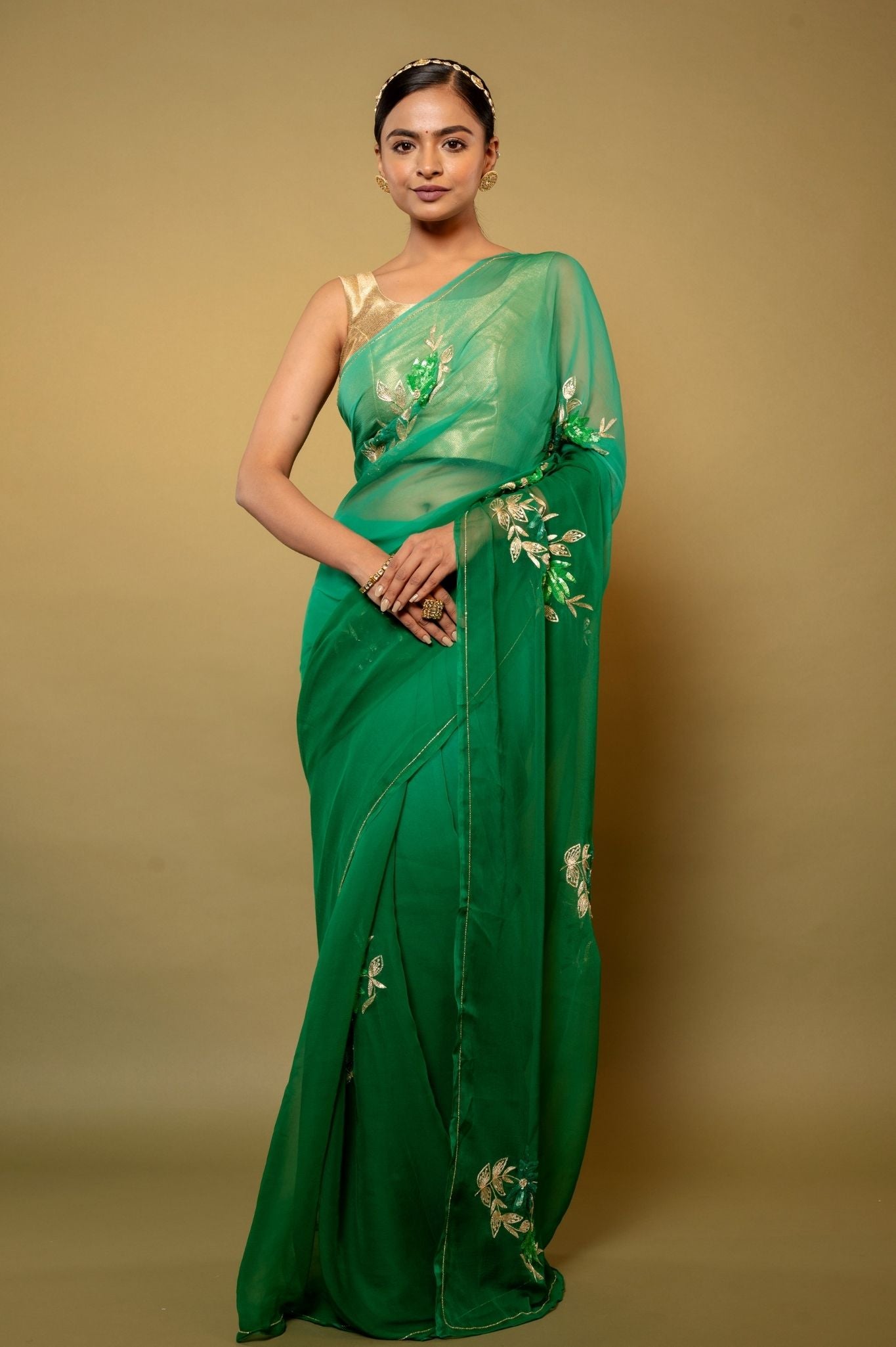 Green light dark Viscose Chiffon aari sequins motif handwork casual wear saree