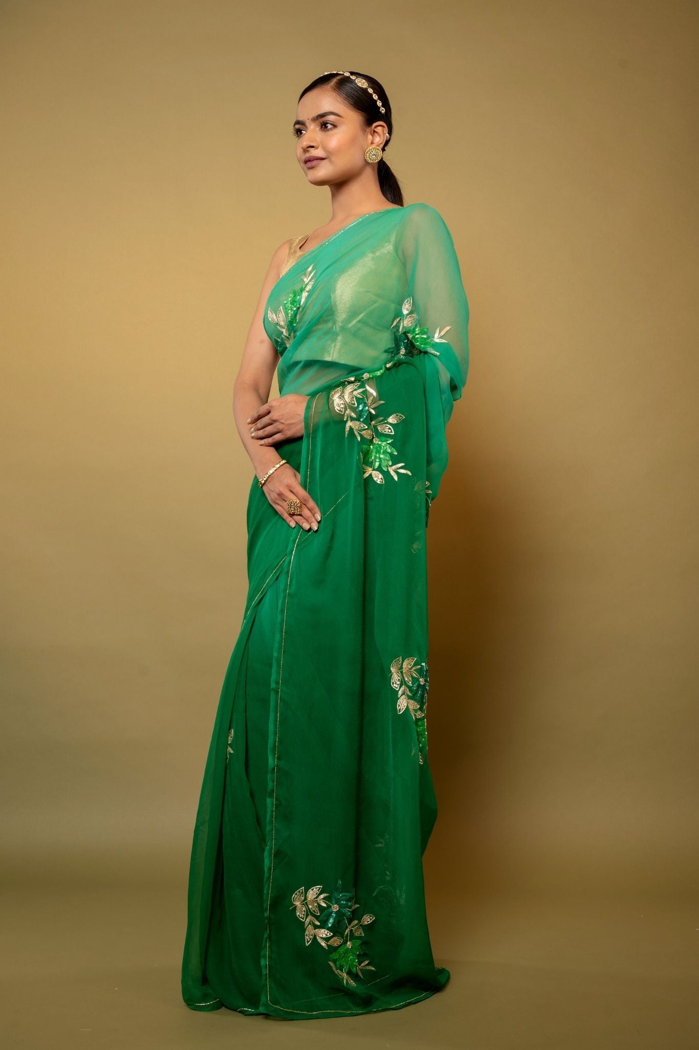 Green light dark Viscose Chiffon aari sequins motif handwork casual wear saree