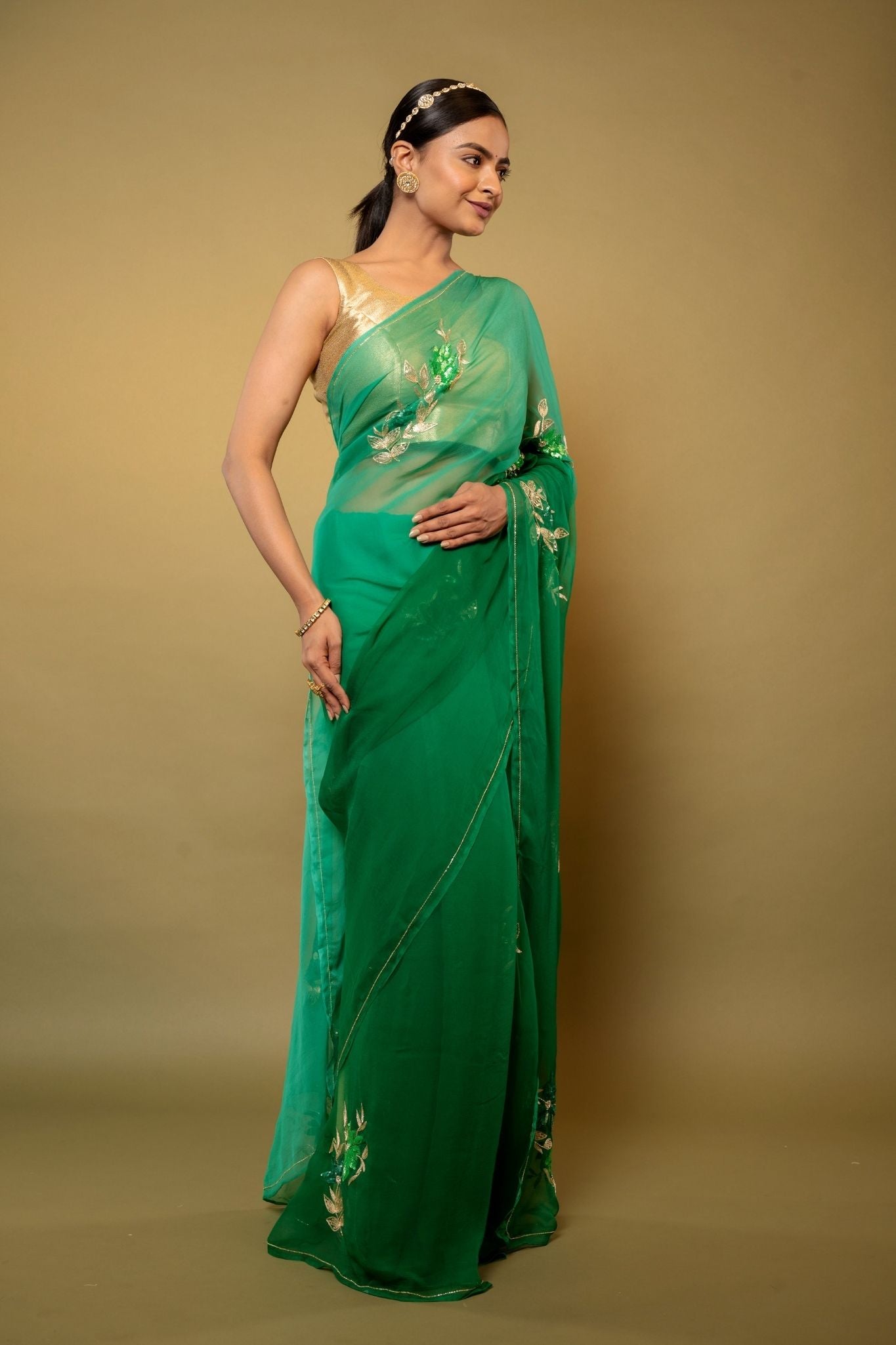 Green light dark Viscose Chiffon aari sequins motif handwork casual wear saree