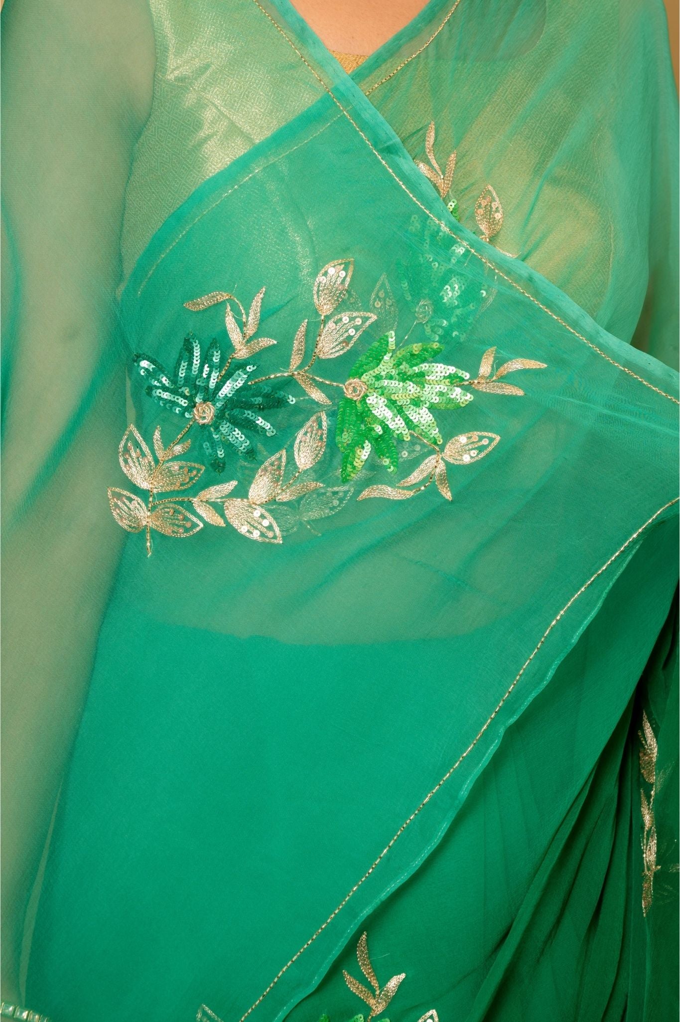 Green light dark Viscose Chiffon aari sequins motif handwork casual wear saree