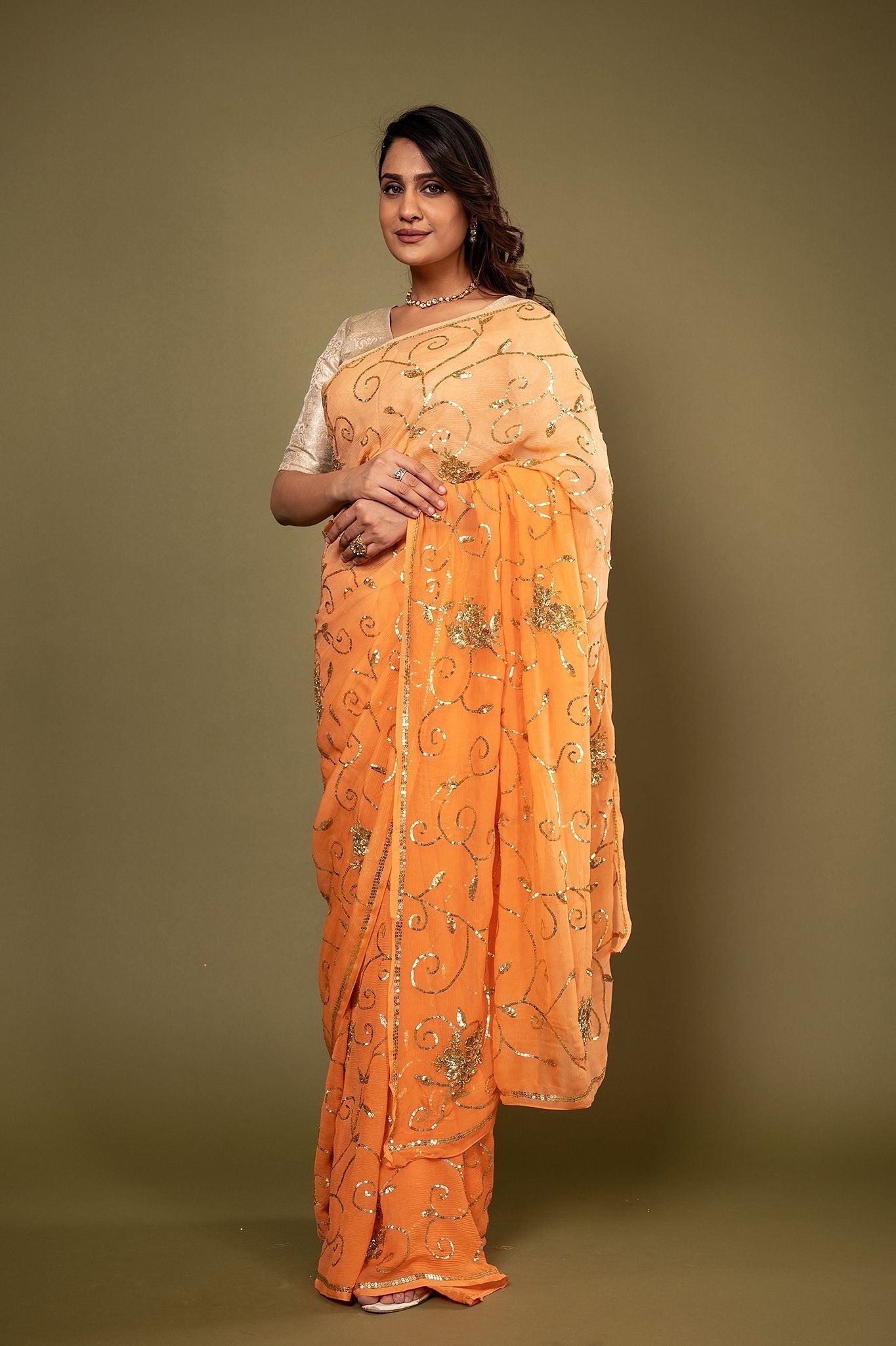 Orange Pure Chiffon aari sequins jaal handwork saree