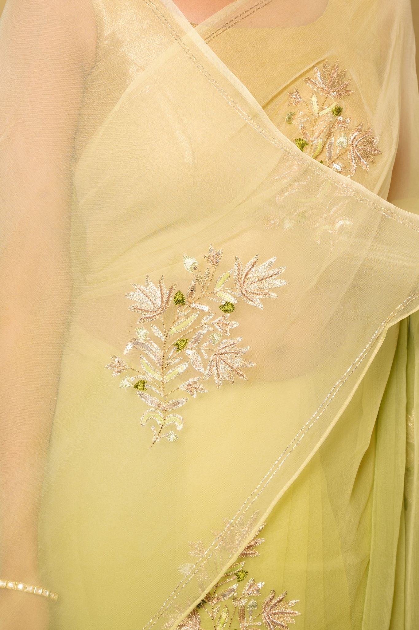 Pista green light dark Viscose Chiffon aari sequins motif handwork casual wear saree